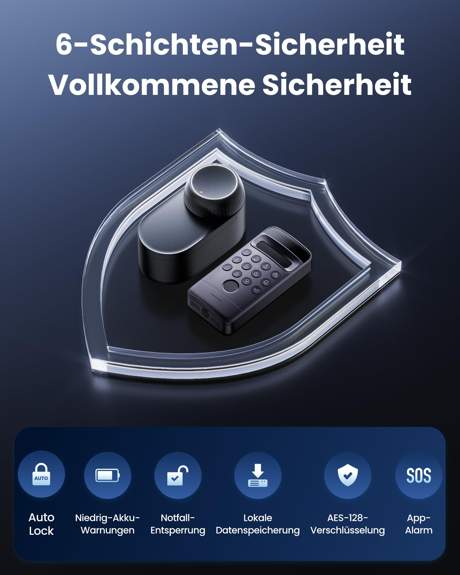 Smartes Schloss und Tastenfeld in einem Glasschild mit deutschem Text und Funktionssymbolen.