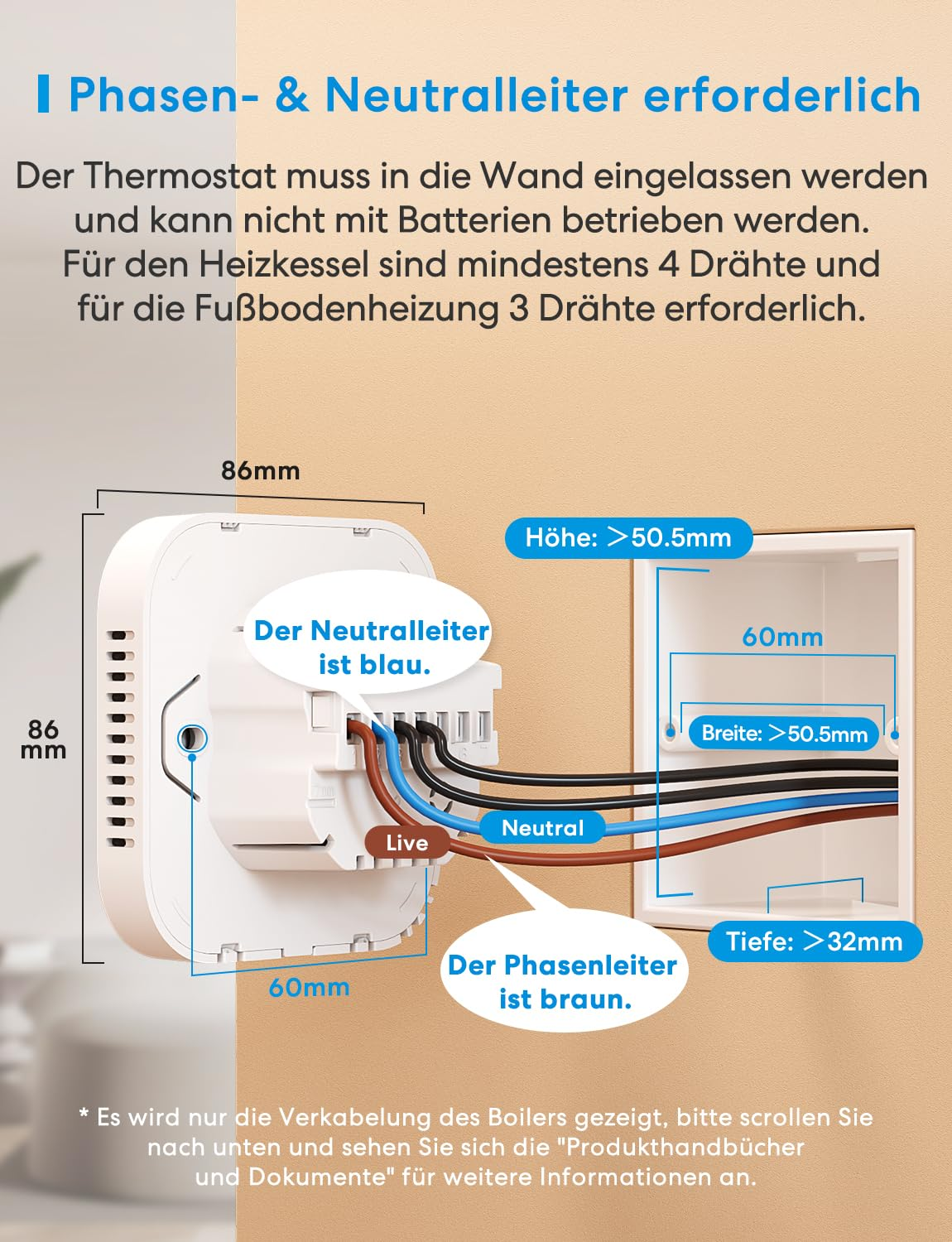 Diagramm zeigt Thermostatverkabelung, Maße und Anschlüsse für Live- und Neutralleiter an einer Wand.