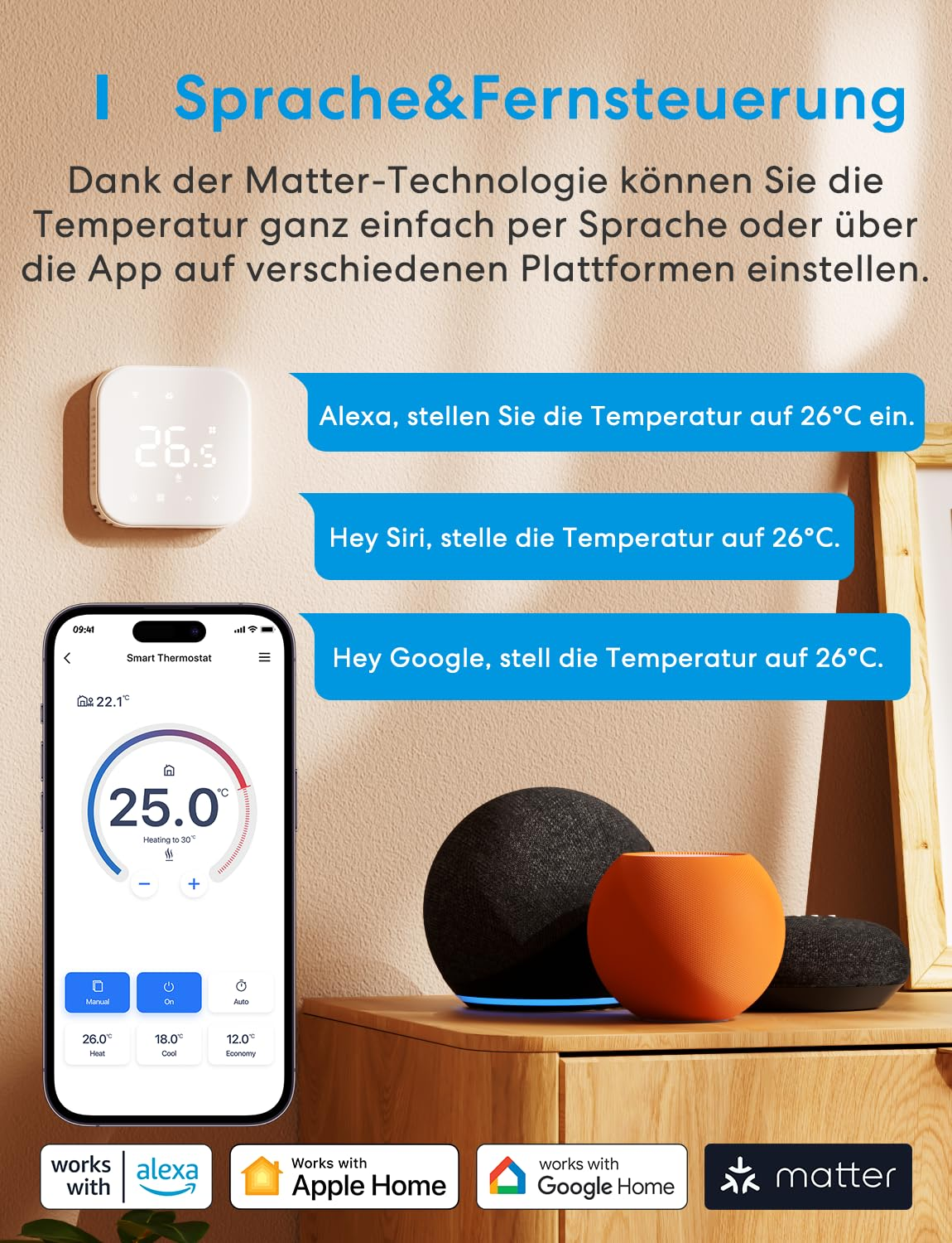 Ein Smartphone mit Thermostat-App, ein Smart-Thermostat und Sprachassistenten für die Steuerung.