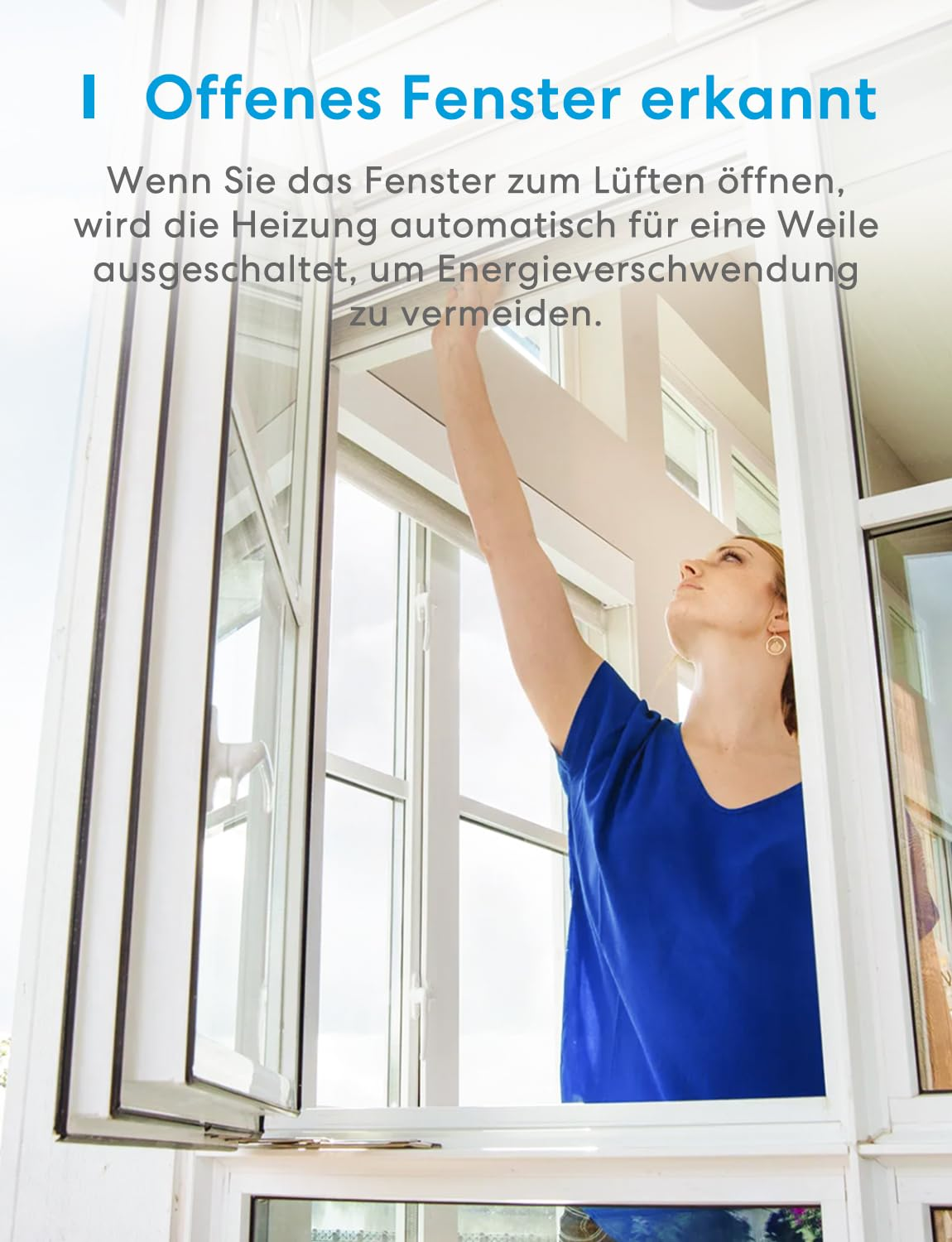 Eine Frau öffnet ein weißes Fenster. Text auf Deutsch informiert über die automatische Heizungsabschaltung.