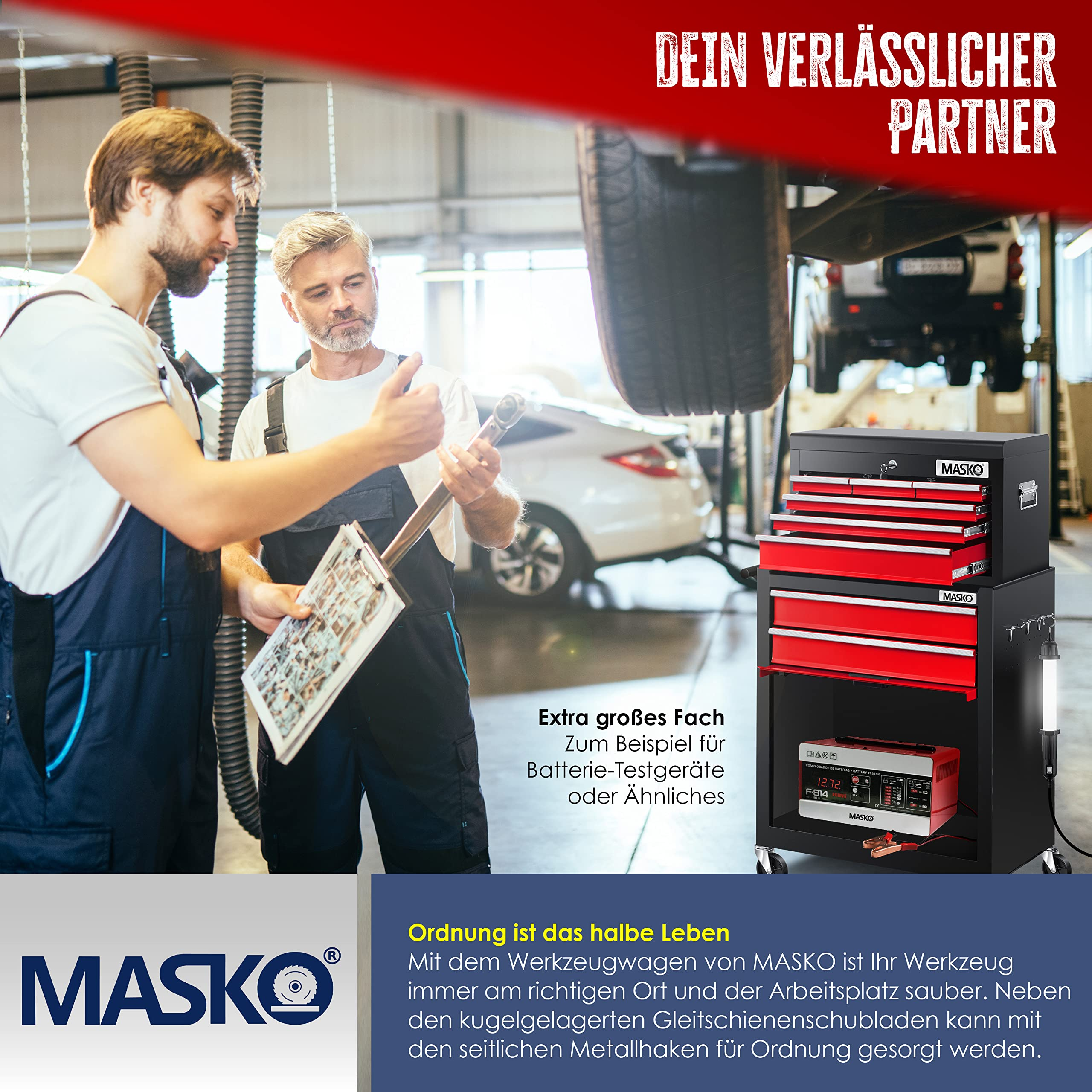 Zwei Mechaniker in einer Werkstatt neben einem roten und schwarzen MASKO-Werkstattwagen.