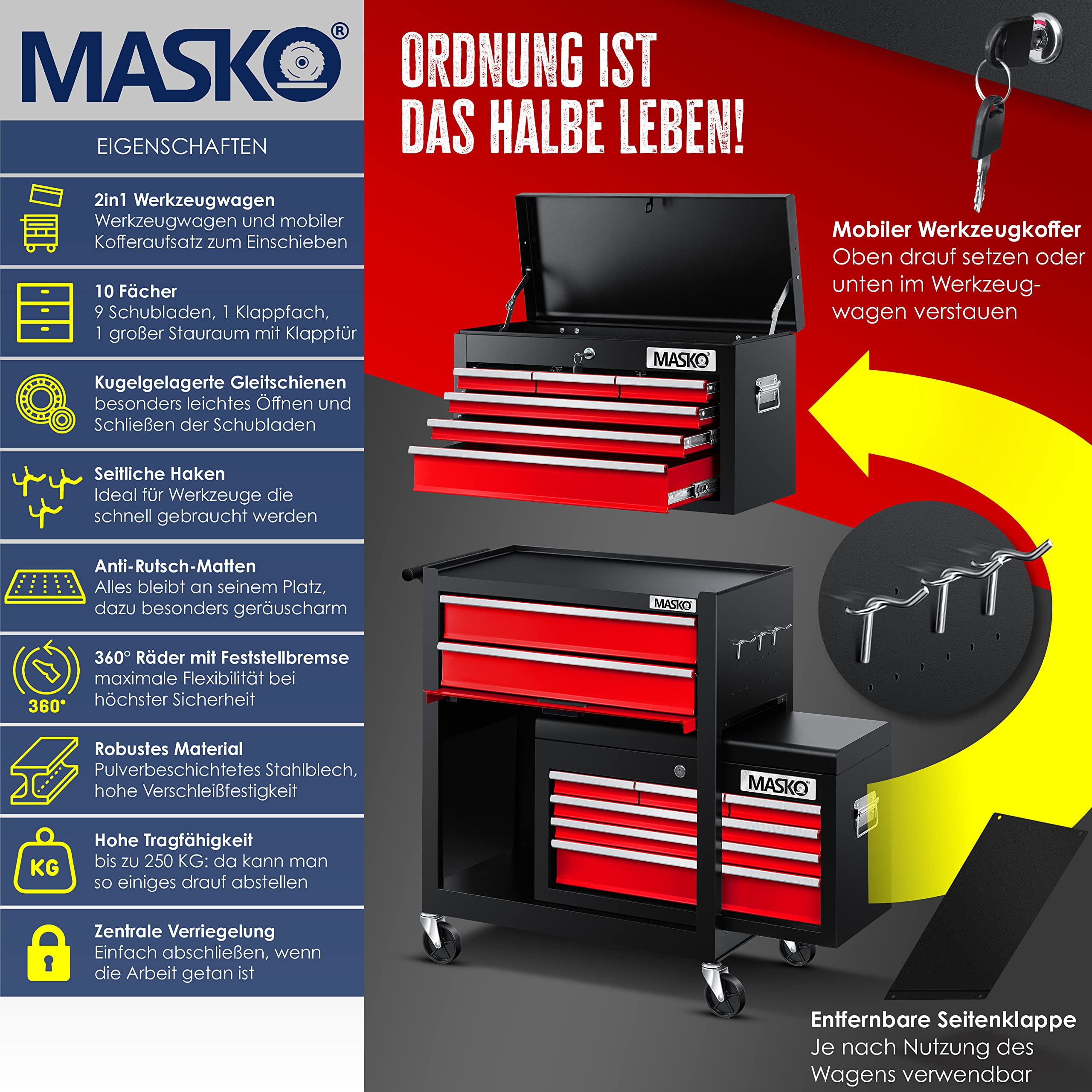 Masko Werkzeugwagen in Schwarz und Rot mit abnehmbarem Koffer, zehn Fächern, Rollen und Haken.
