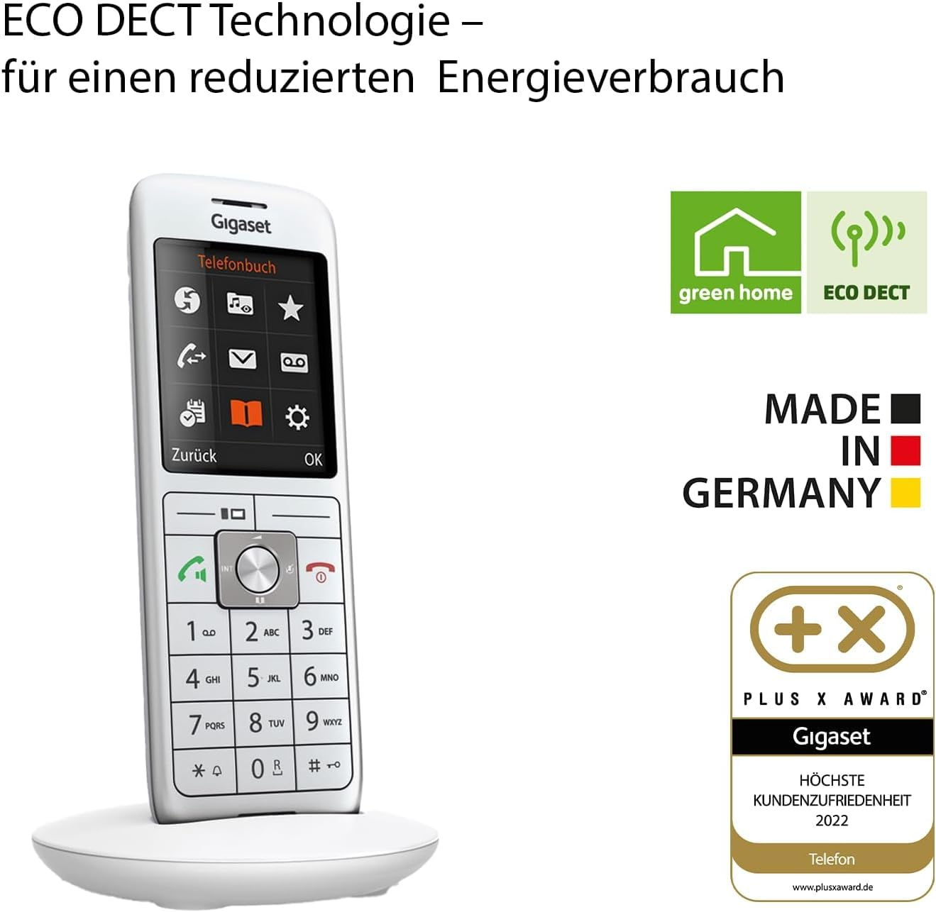 Telefono cordless Gigaset bianco su caricatore con logo Eco DECT, scritta Made in Germany e premio Plus X.