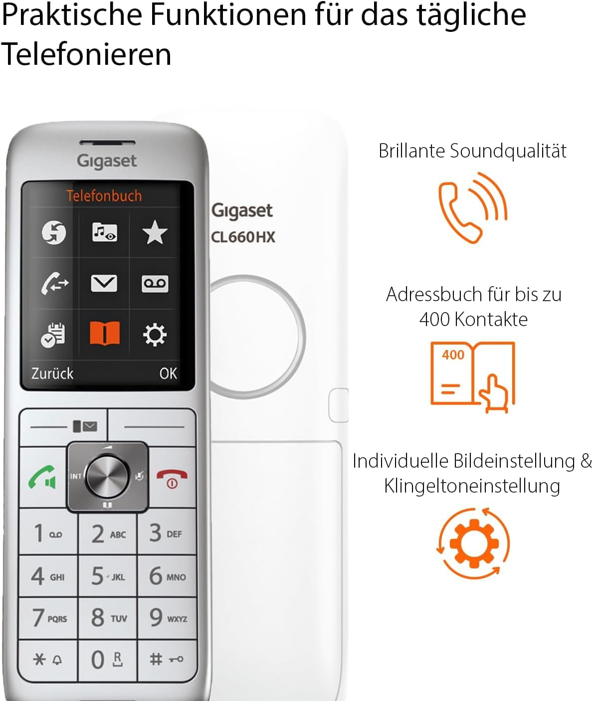 Telefono Gigaset con display a colori e tastierino, accanto a icone per suono, contatti e impostazioni.