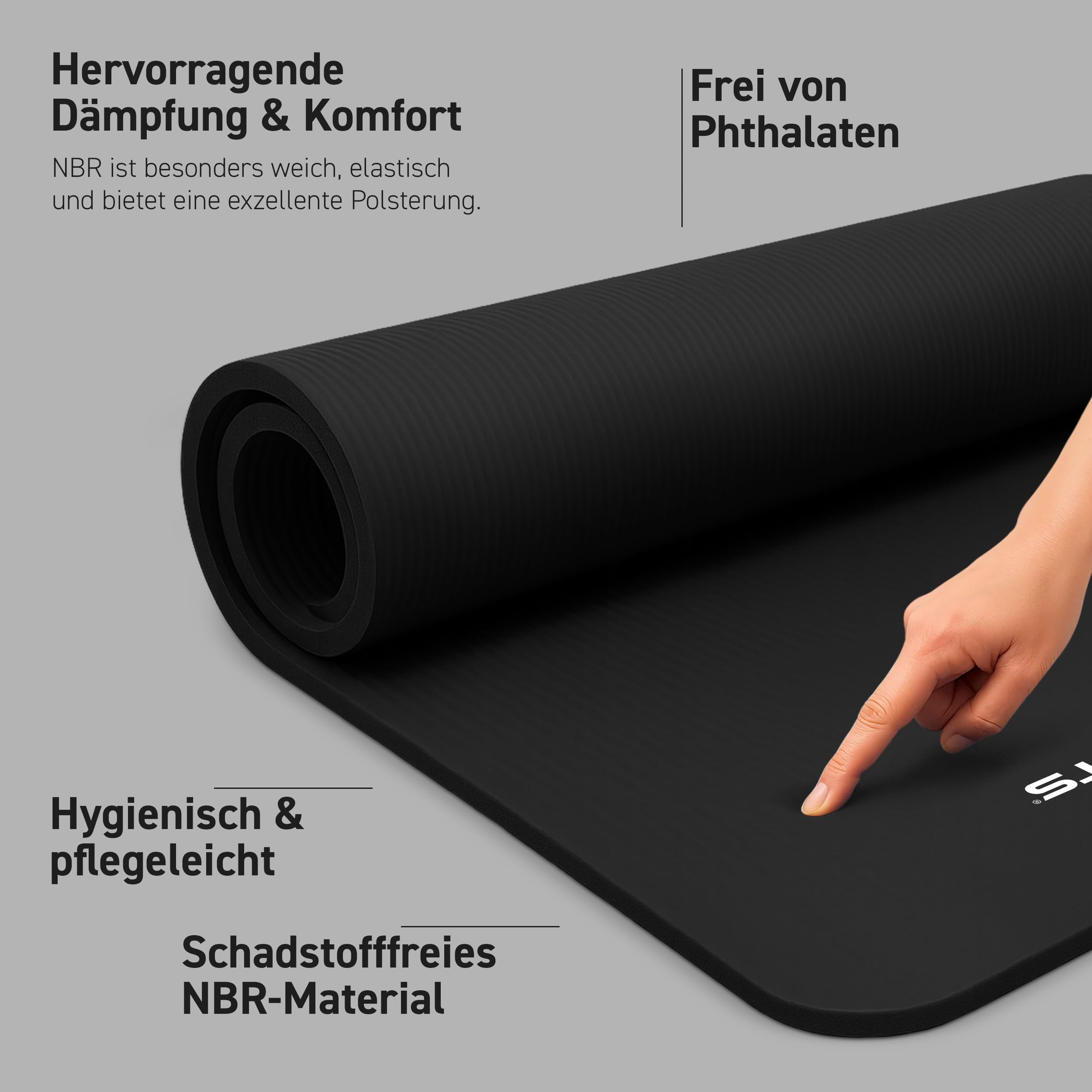 Hand berührt eine schwarze Gymnastikmatte, mit Text und Symbolen auf grauem Hintergrund.