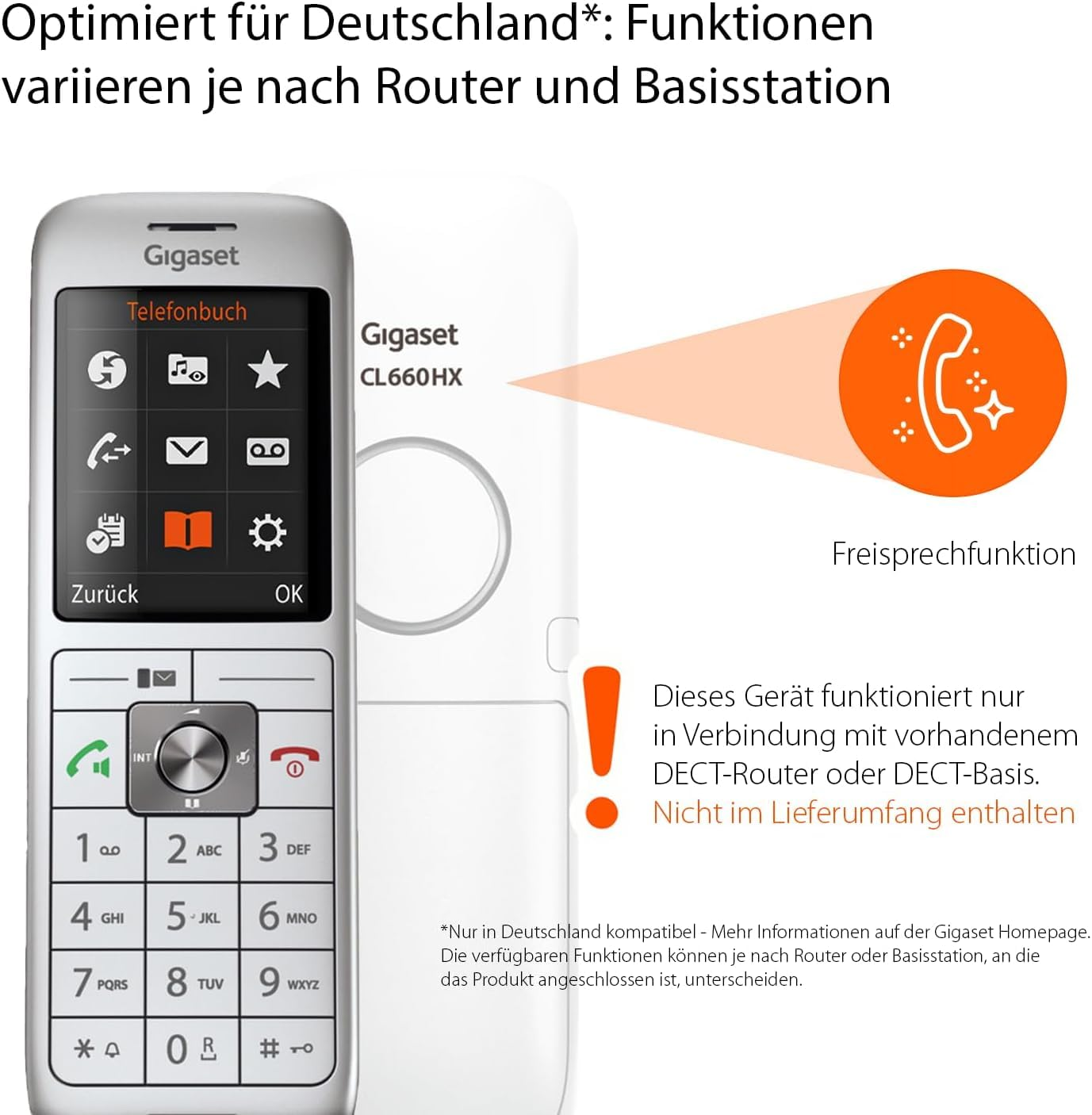 Telefono Gigaset CL660HX con schermo e tastiera, vivavoce e avviso del router.