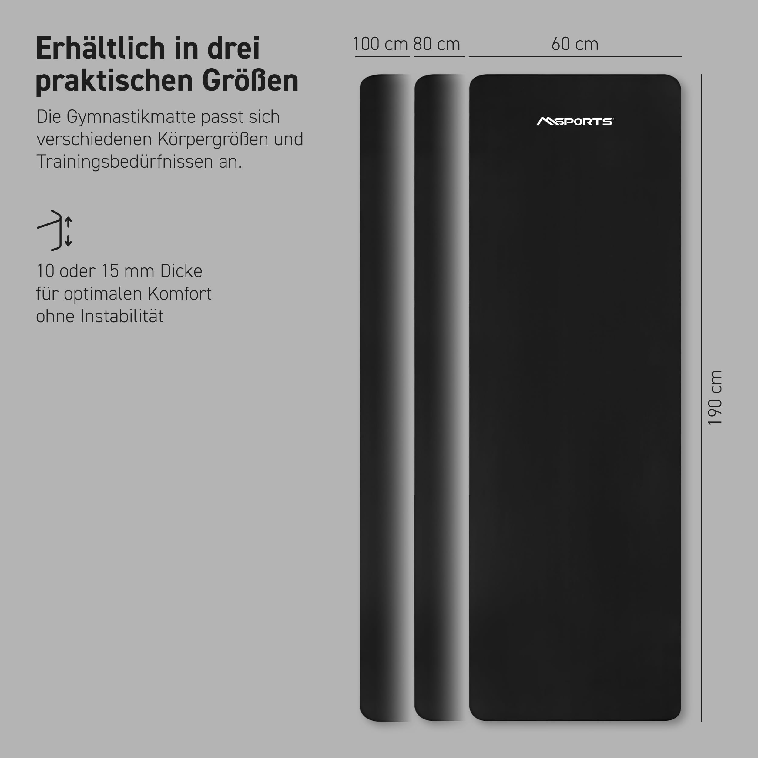 Drei schwarze Turnmatten in verschiedenen Größen mit Maßen und Text auf graiem Hintergrund.