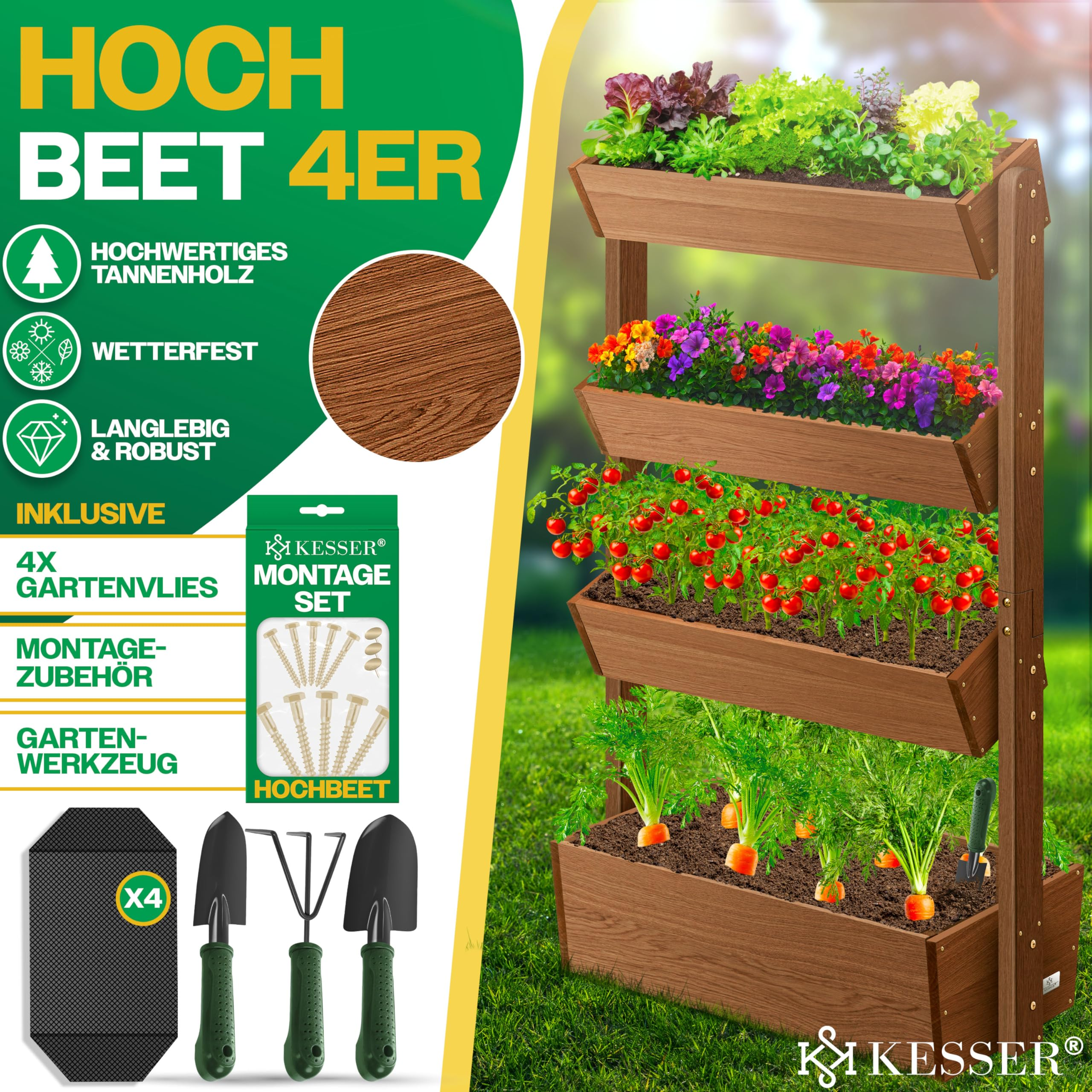 Un potager surélevé en bois à quatre niveaux avec herbes, fleurs, tomates, carottes et accessoires.