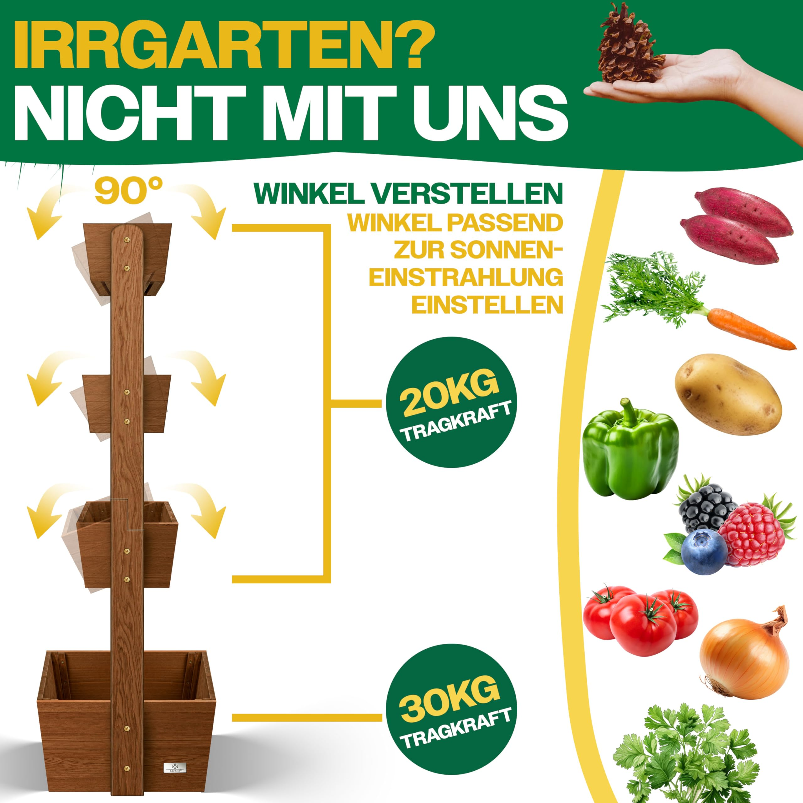 Jardinière en bois à niveaux avec angles réglables.