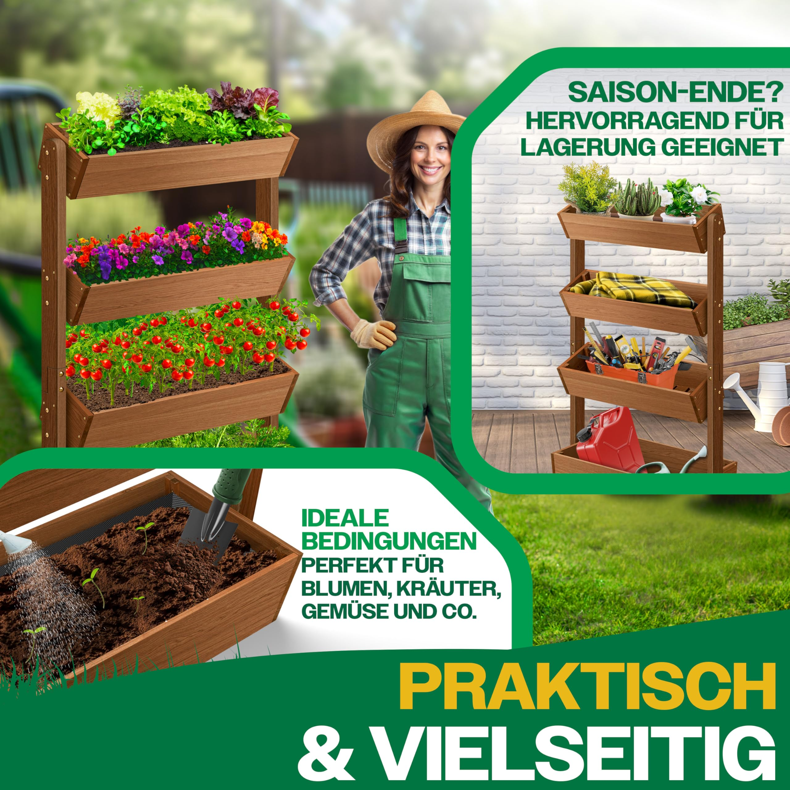 Une femme souriante en tenue de jardinage se tient à côté d'une jardinière en bois à étages remplie de plantes.