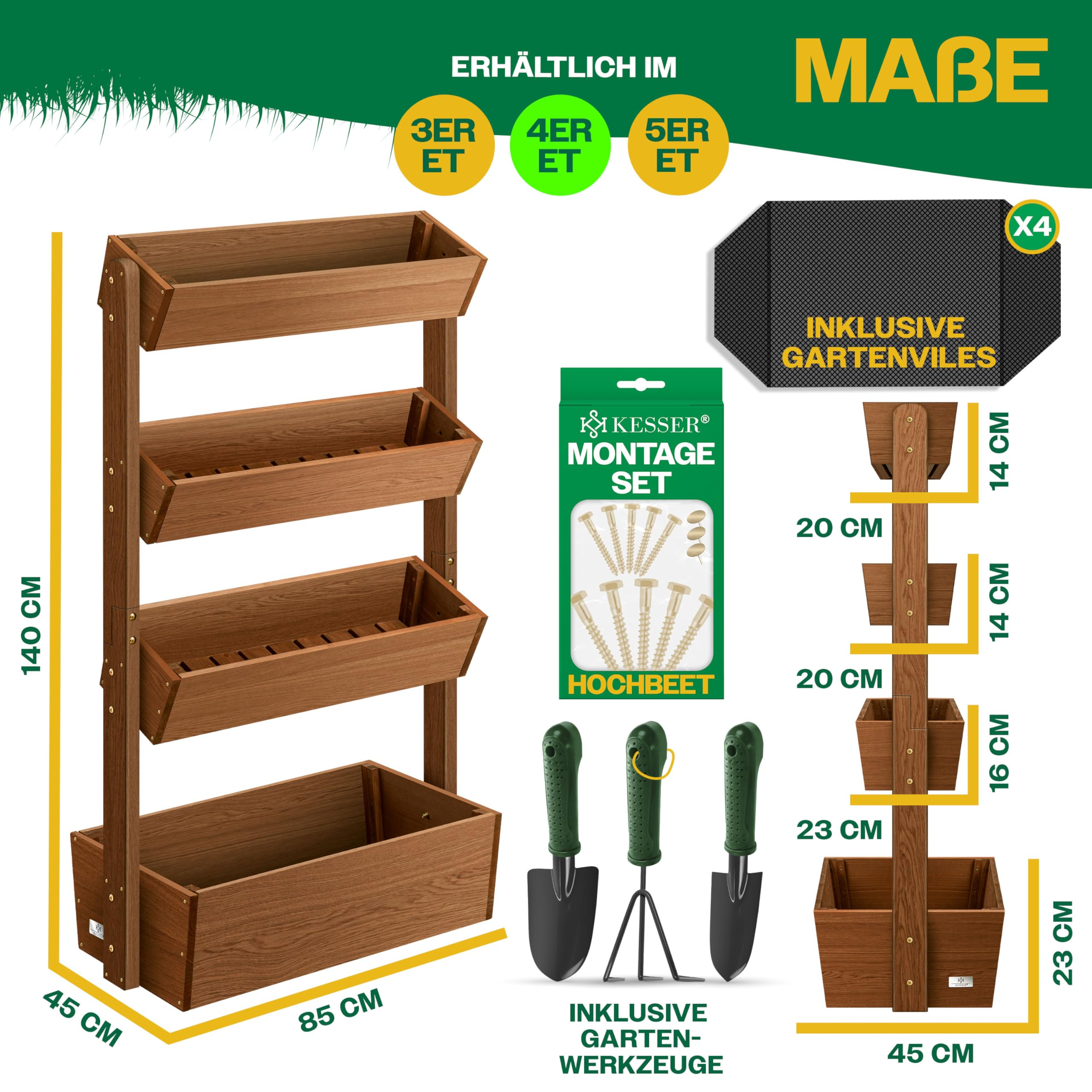 Jardinière surélevée en bois avec quatre bacs, kit de montage, feutre géotextile et outils sur fond vert avec dimensions.