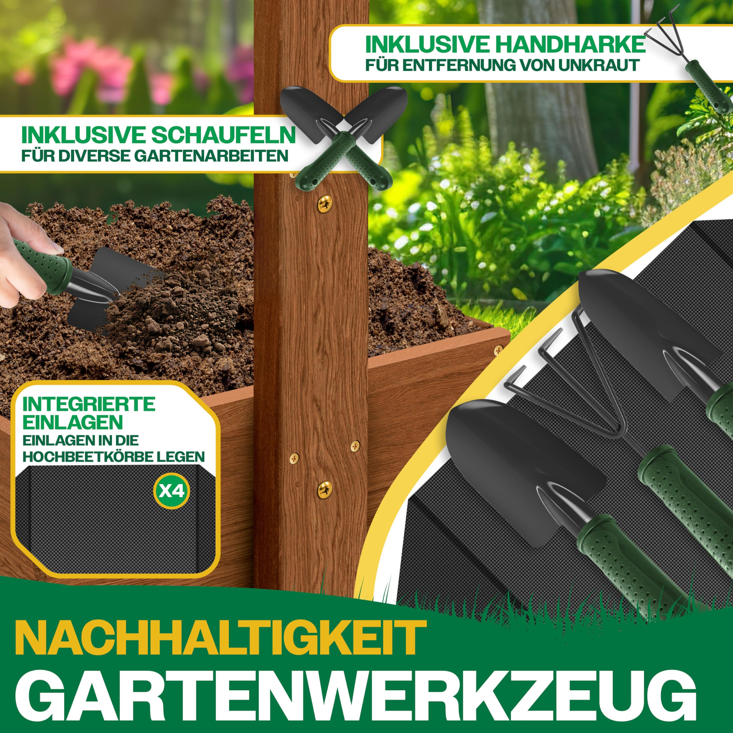Outils de jardin et carré potager avec terre et doublures.