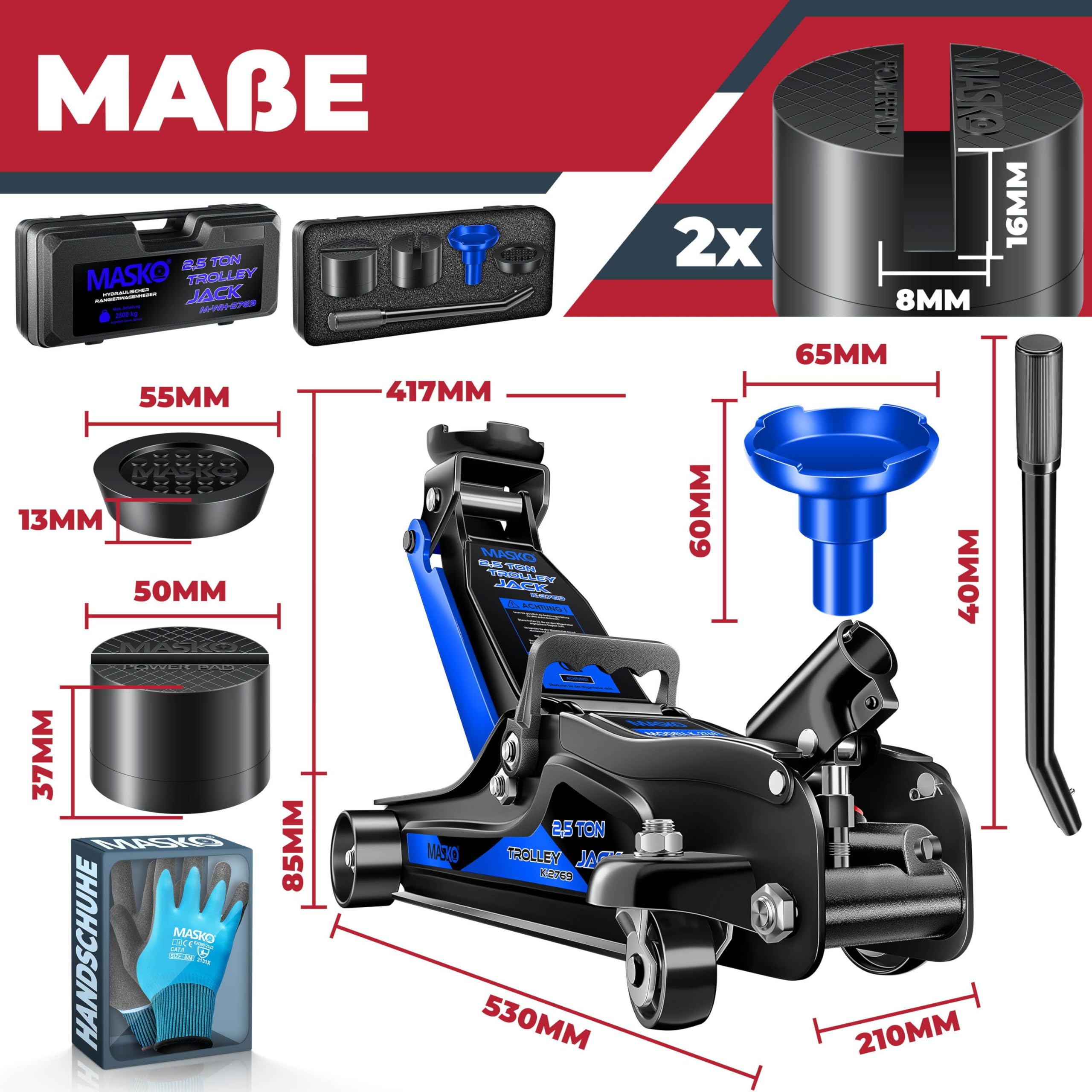 Disegno tecnico di un cric carrellato Masko blu e nero da 2,5 tonnellate con dimensioni e accessori.