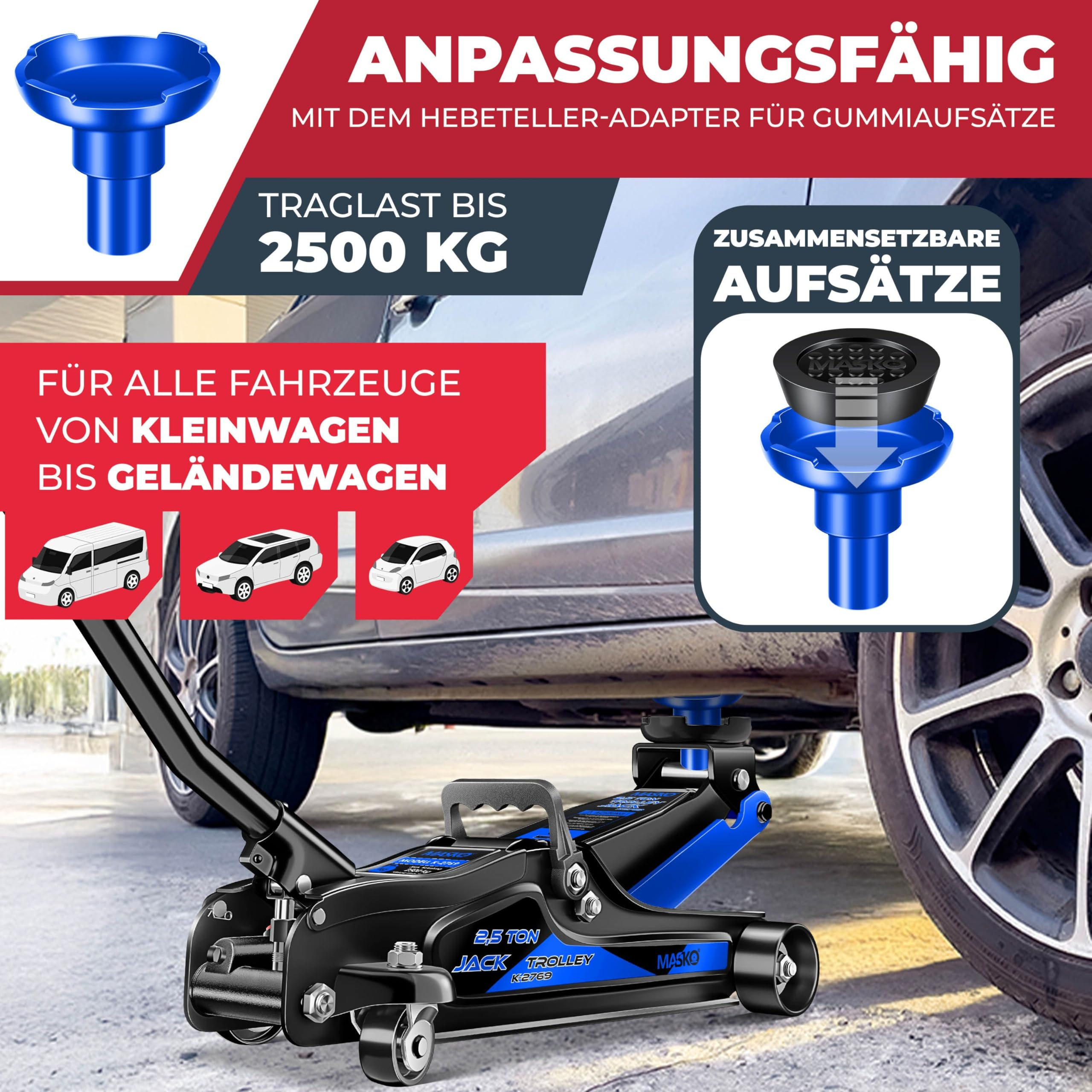 Un cric carrellato nero e blu da 2500 kg che solleva un'auto, con grafiche pubblicitarie.