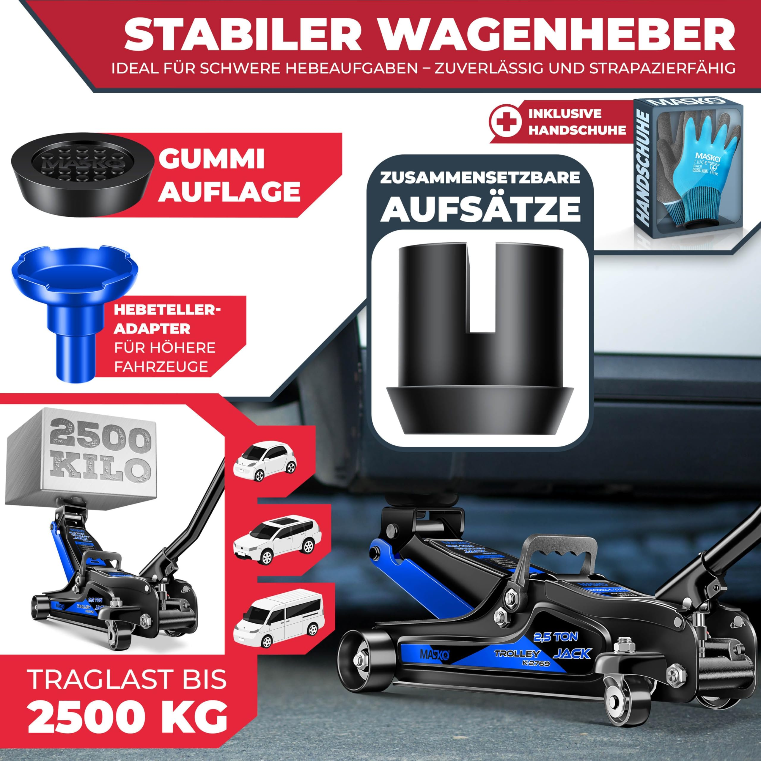 Robusto cric carrellato blu e nero da 2,5 tonnellate con accessori ed etichette in tedesco.
