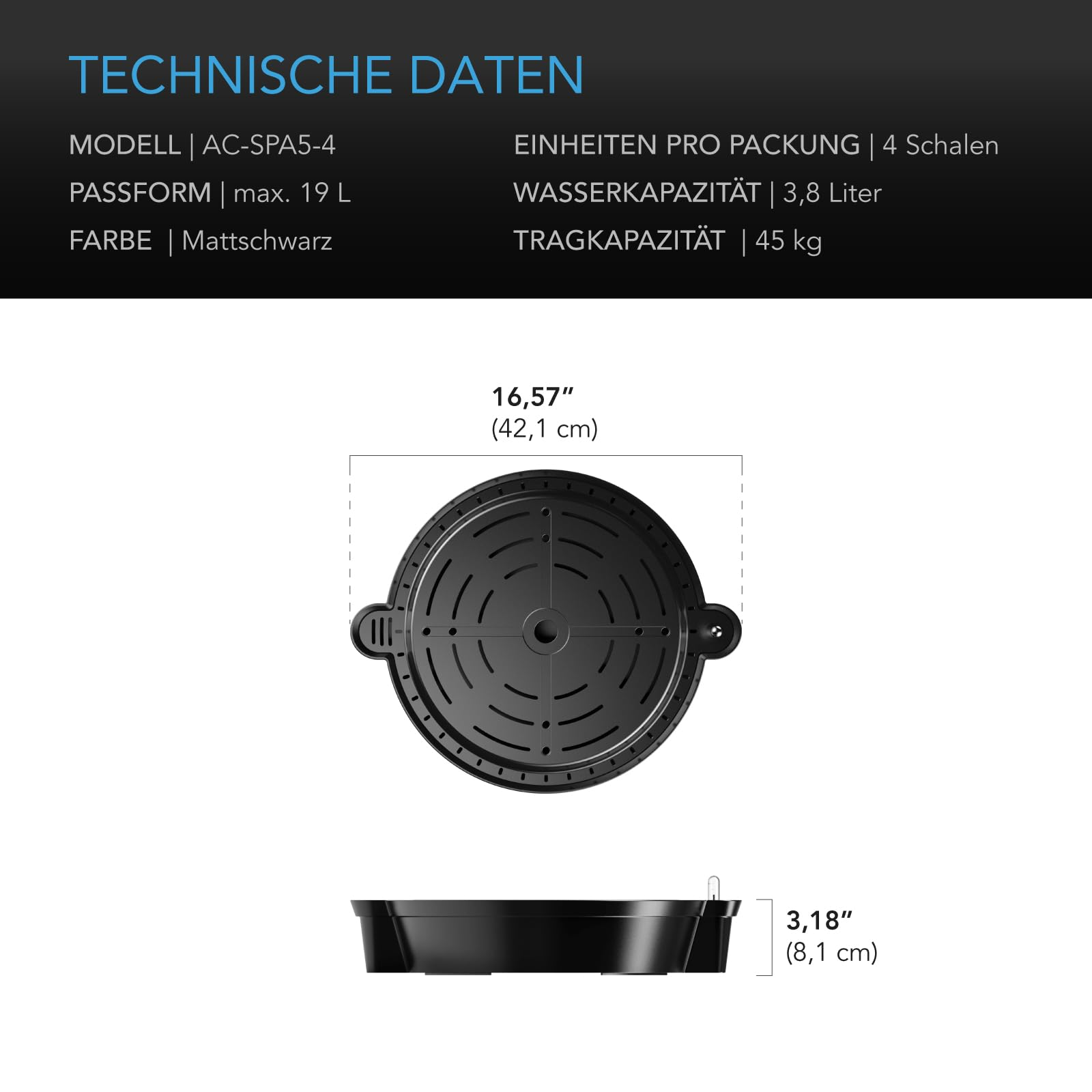 Caractéristiques techniques d'un support de spa noir mat mesurant 42,1 cm de large et 8,1 cm de haut.