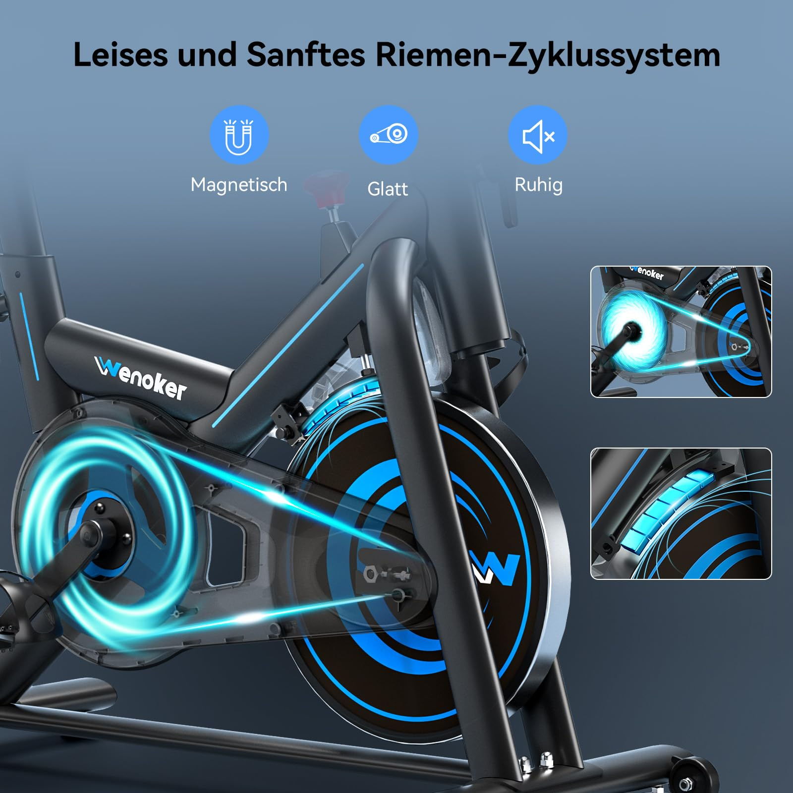 Ein schwarzes Heimtrainer mit leuchtend blauen Lichteffekten am Riemen und Schwungrad.