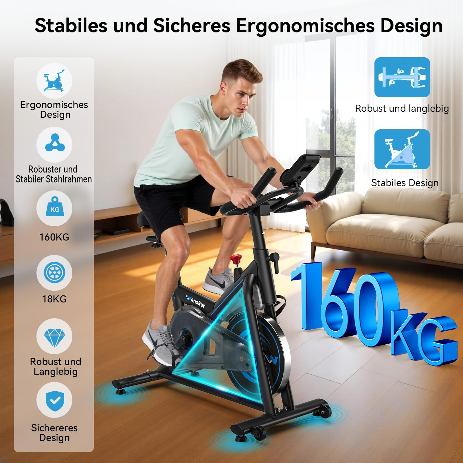 Ein Mann trainiert auf einem schwarzen Heimtrainer in einem hellen Raum.