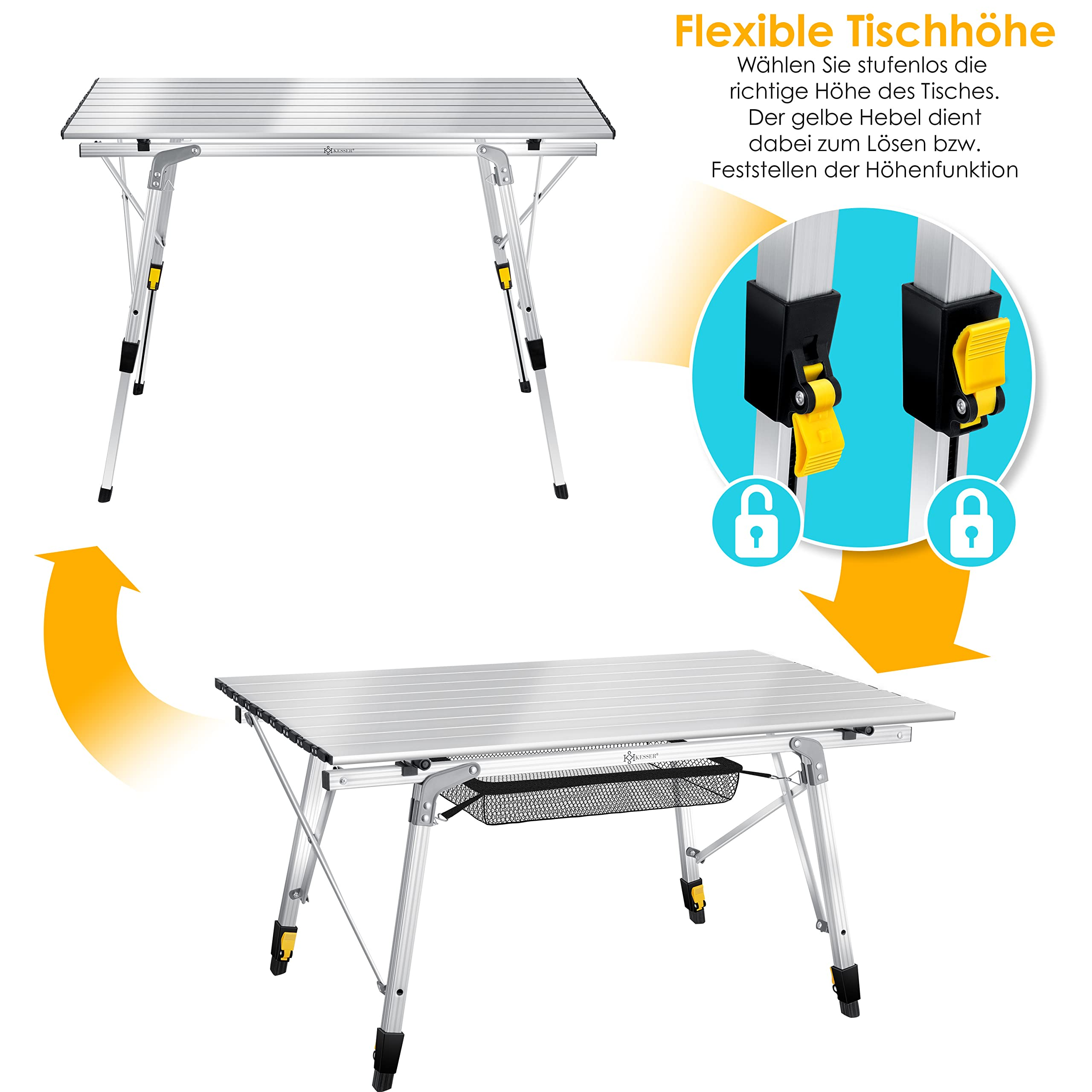 Tavolo pieghevole in alluminio con gambe regolabili e rete inferiore, con primo piano della leva gialla.