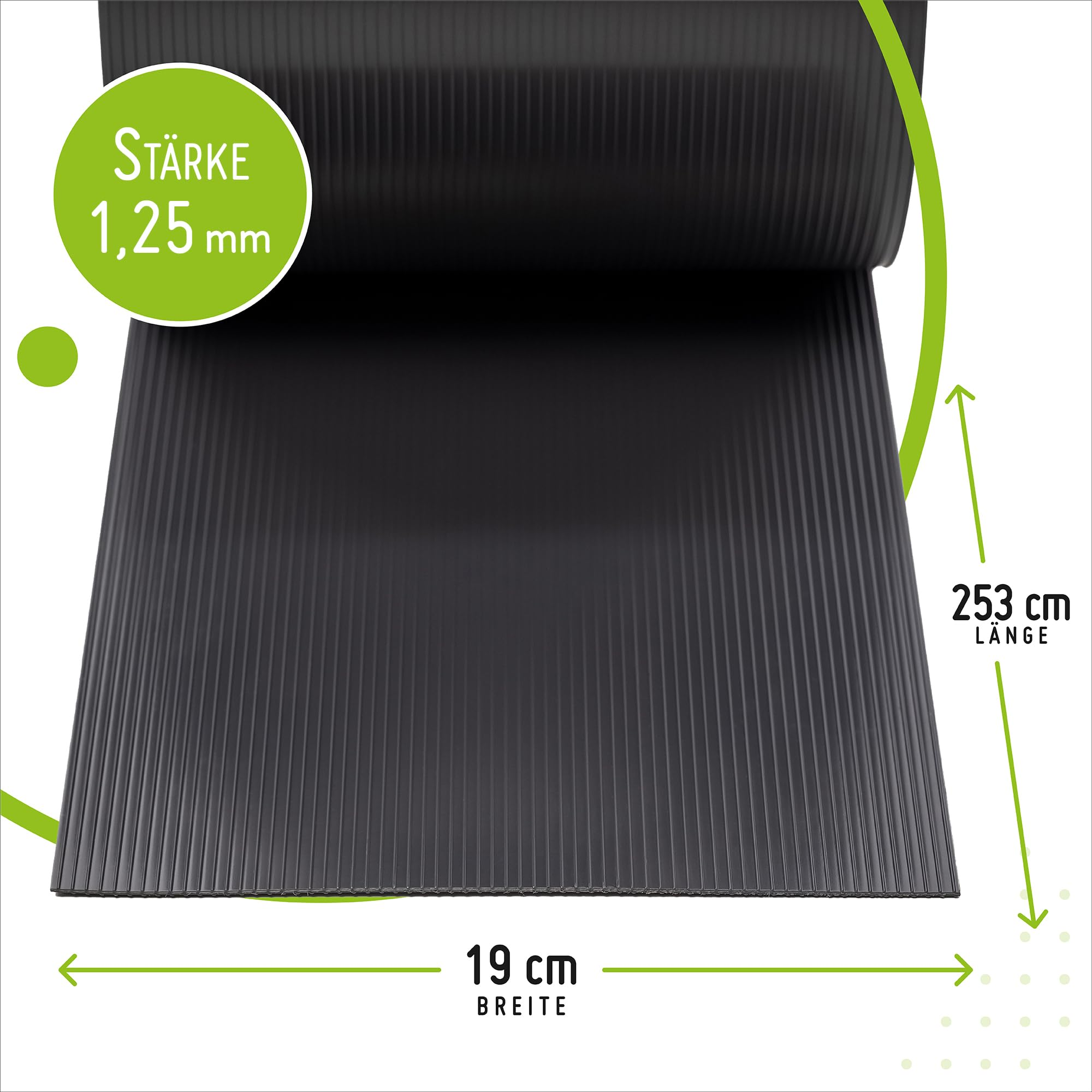 Un tapis en caoutchouc noir rainuré indiquant les dimensions : 1,25 mm d'épaisseur, 19 cm de largeur et 253 cm de longueur.
