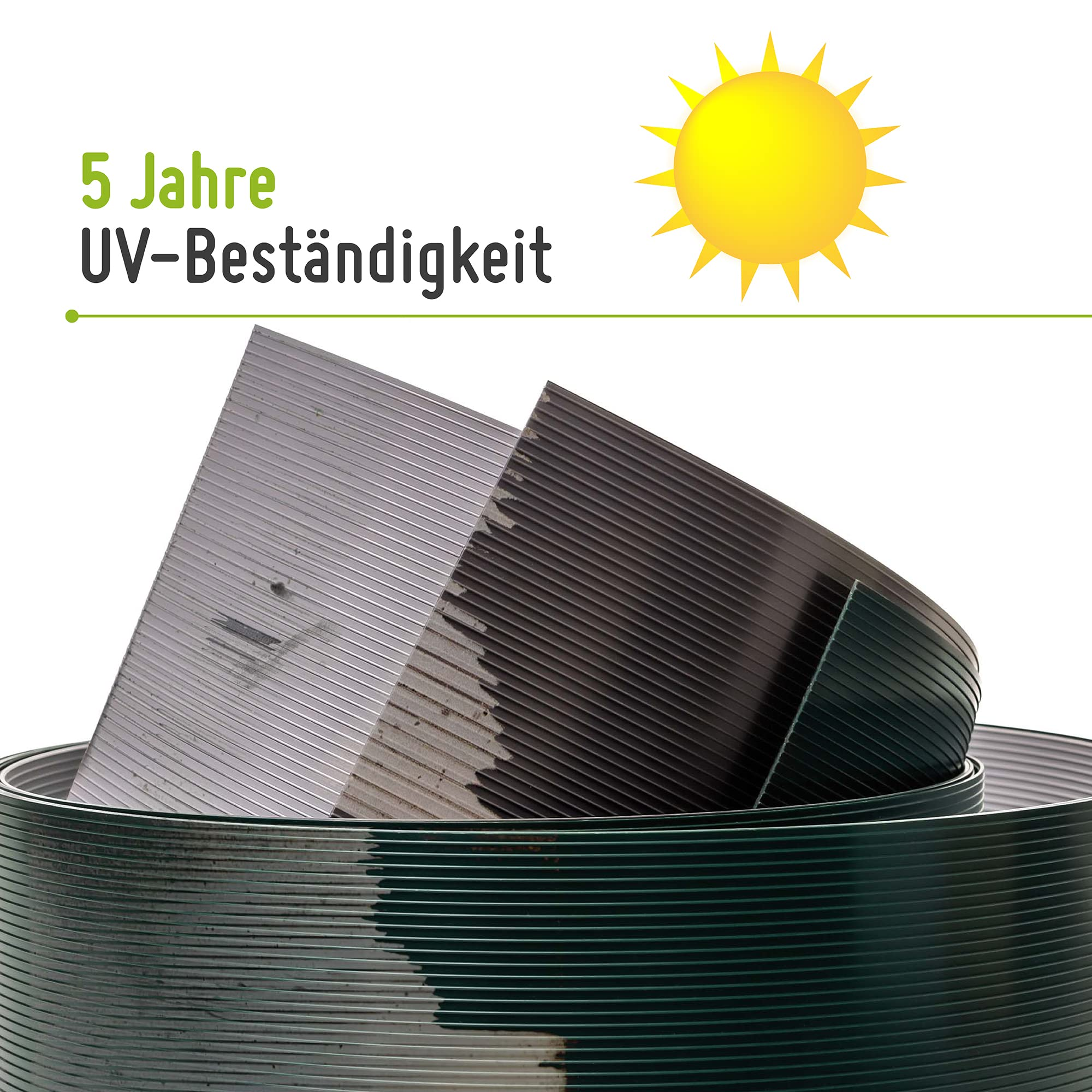 Panneaux roulés avec texte 5 ans de résistance UV et soleil.