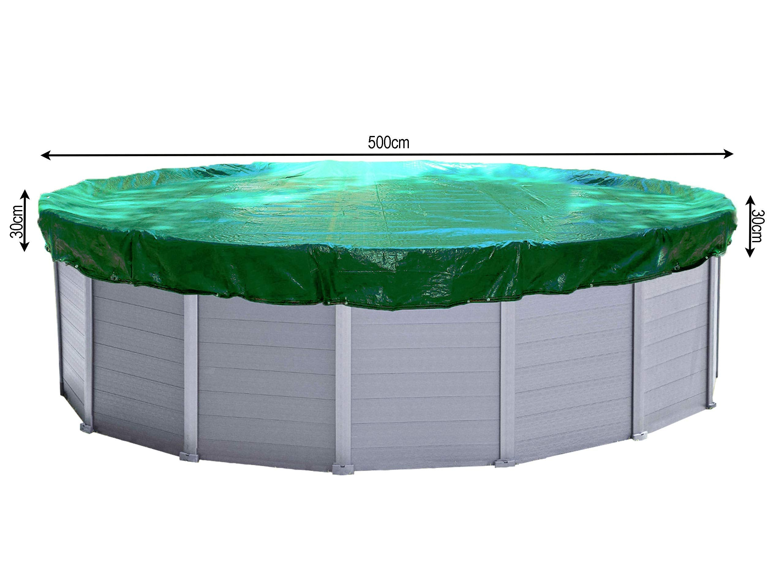 Piscine ronde grise avec bâche verte, diamètre 500 cm, profondeur 30 cm.