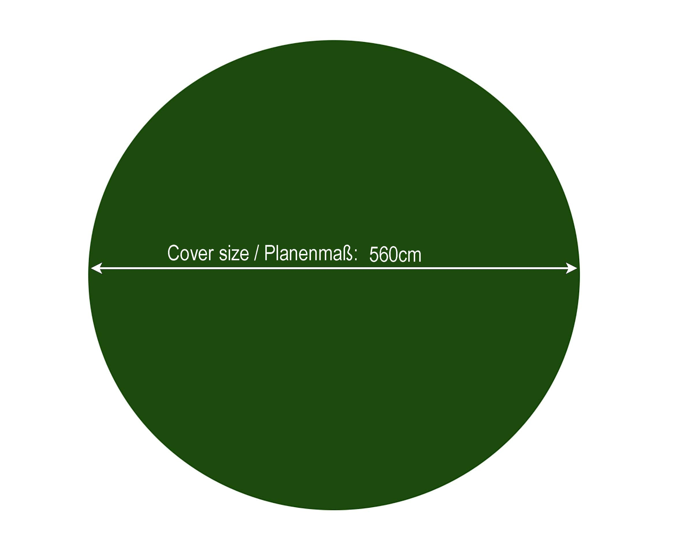 Cercle vert d'un diamètre de 560 cm, indiqué par une double flèche blanche.