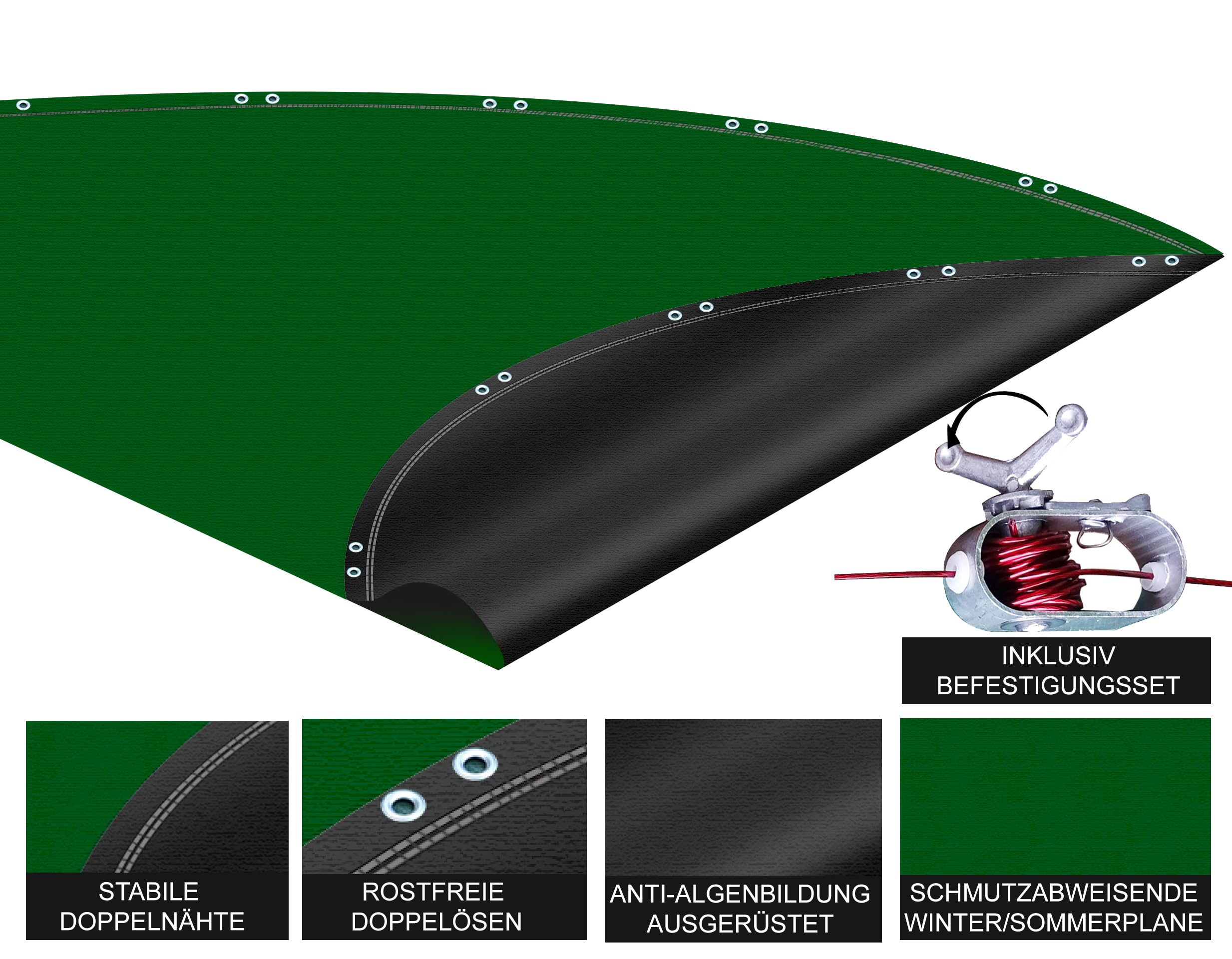 Bâche de piscine verte avec kit de fixation, doubles coutures, œillets inoxydables et protection anti-algues.