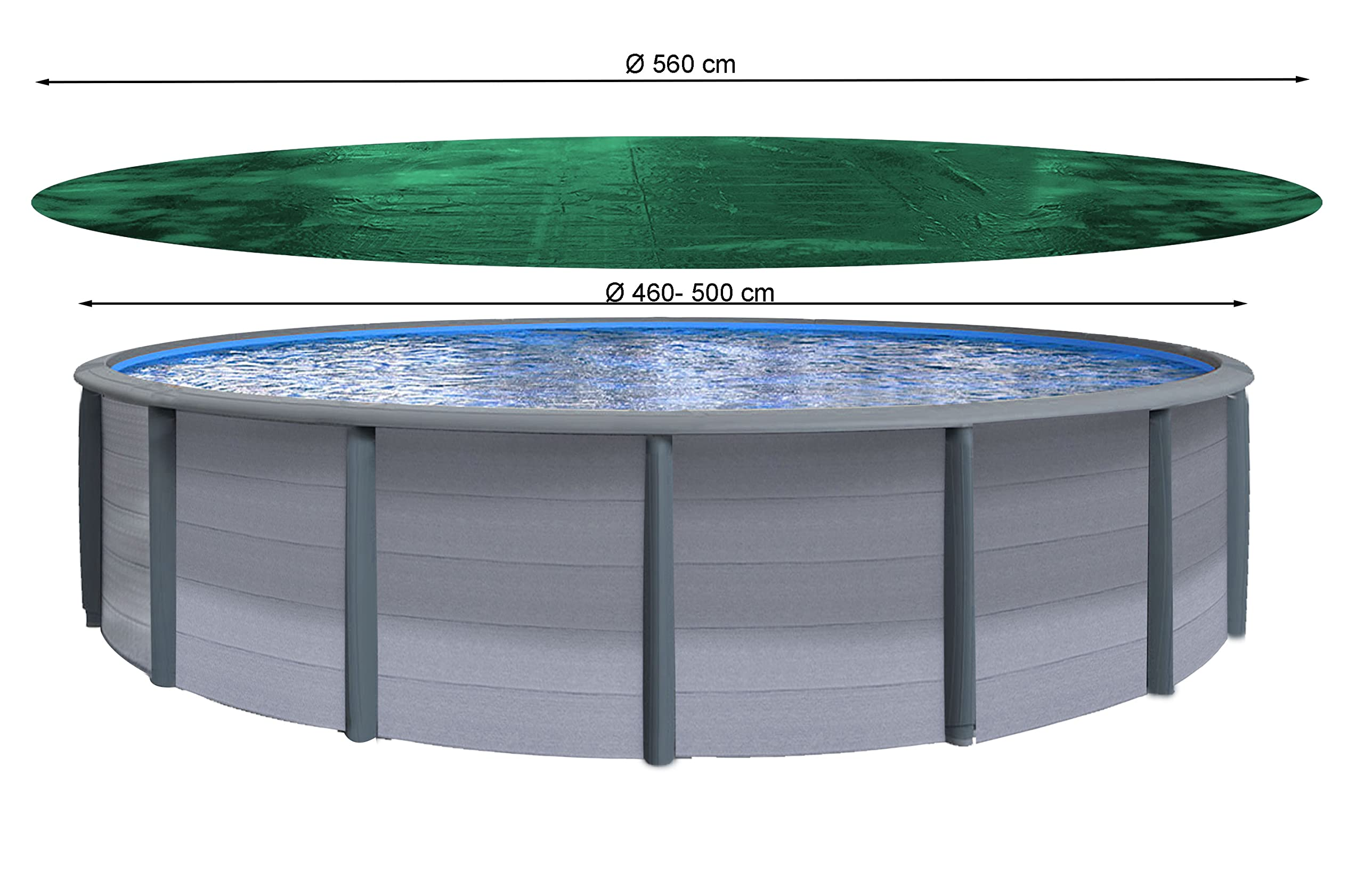 Piscine ronde grise avec eau bleue et bâche verte, munie d'indicateurs de dimensions de 560 cm et 460-500 cm.
