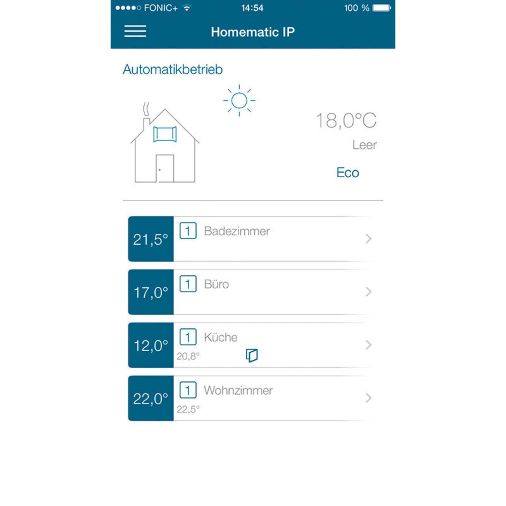 App-Screenshot der Homematic IP App mit Temperaturanzeige für verschiedene Zimmer.