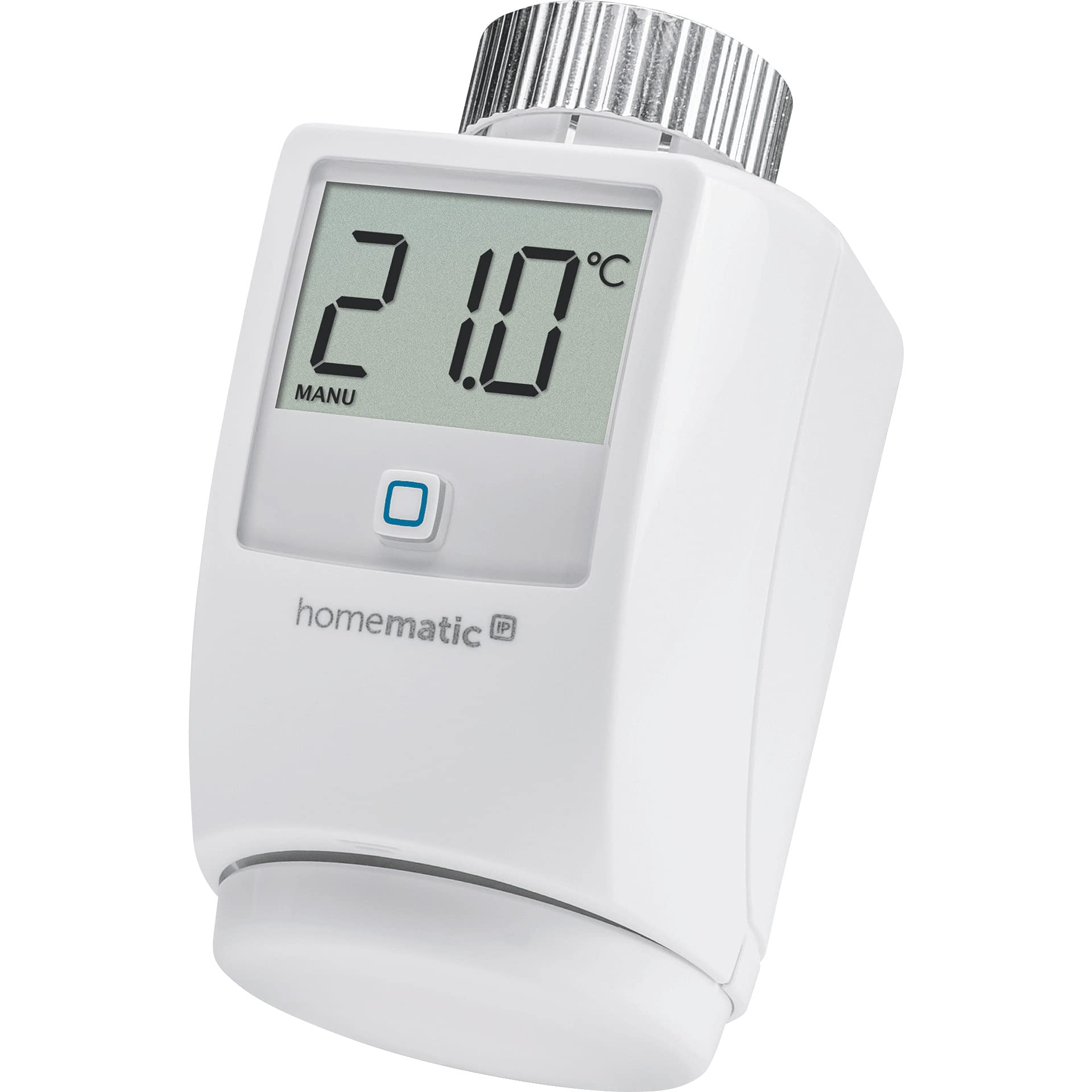 Ein weißes Homematic IP Thermostat mit digitalem Display, das 21.0 Grad anzeigt.