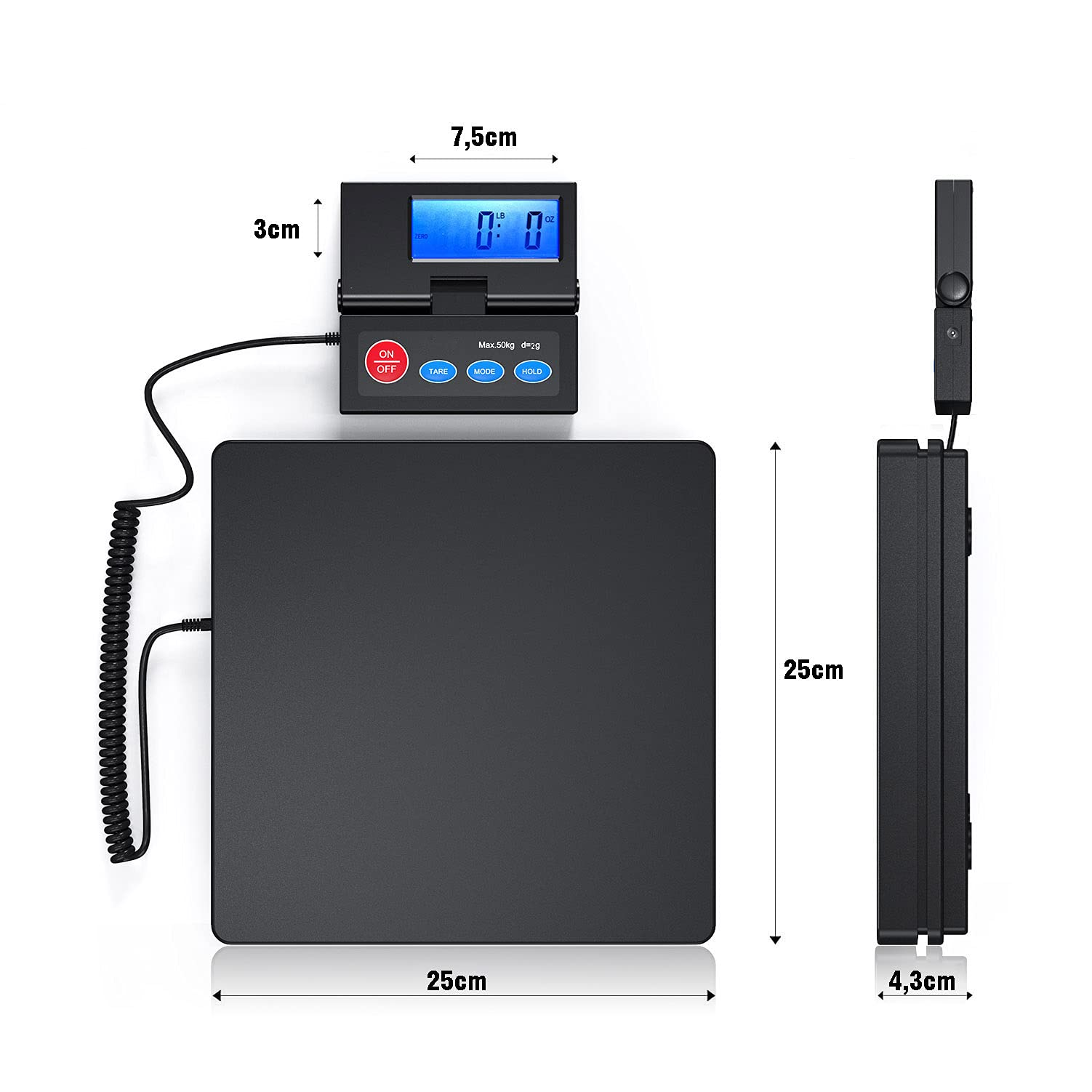 Bilancia elettronica nera con dimensioni, pannello di controllo e display digitale.