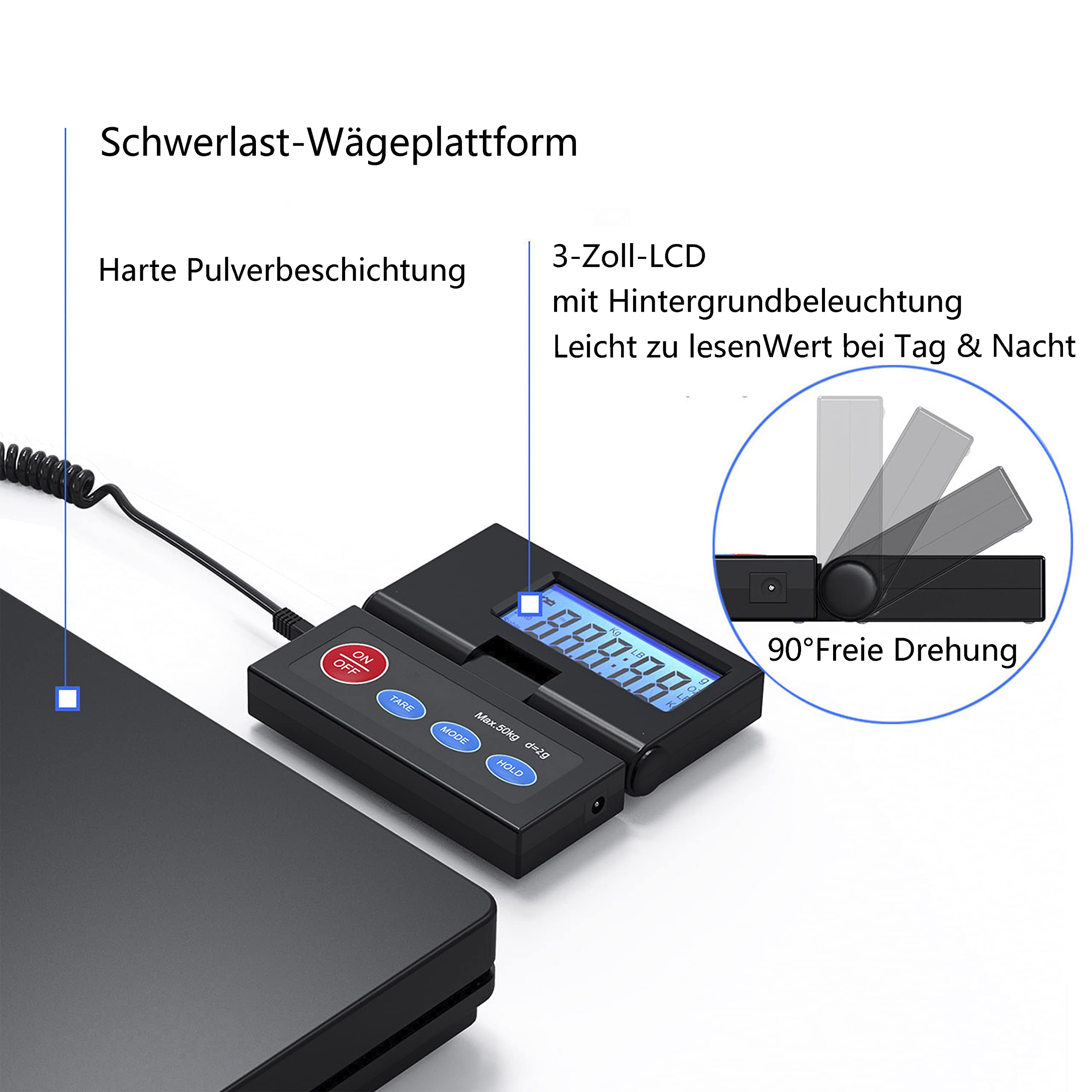 Bilancia industriale nera con schermo LCD retroilluminato e unità girevole.