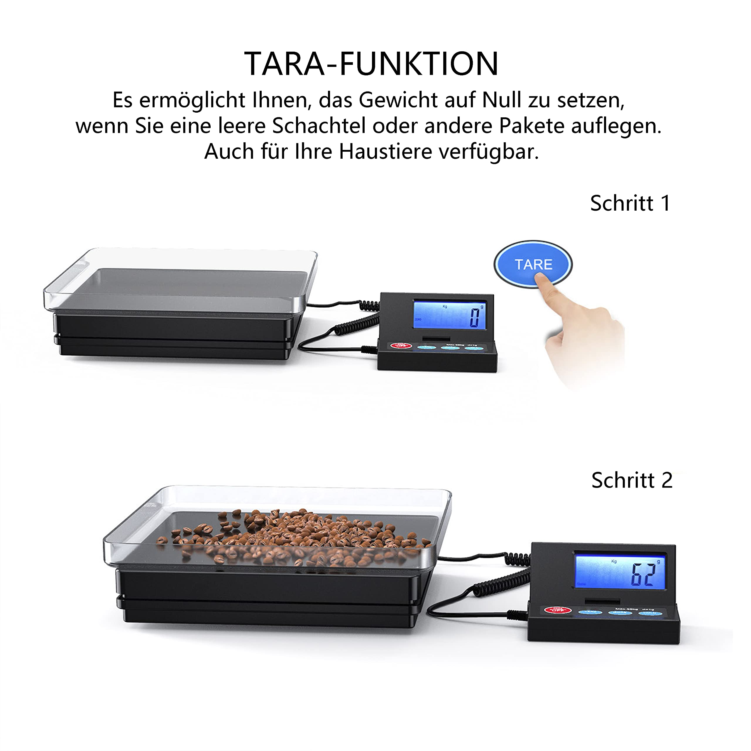 Istruzioni per la funzione tara di una bilancia digitale con chicchi di caffè.