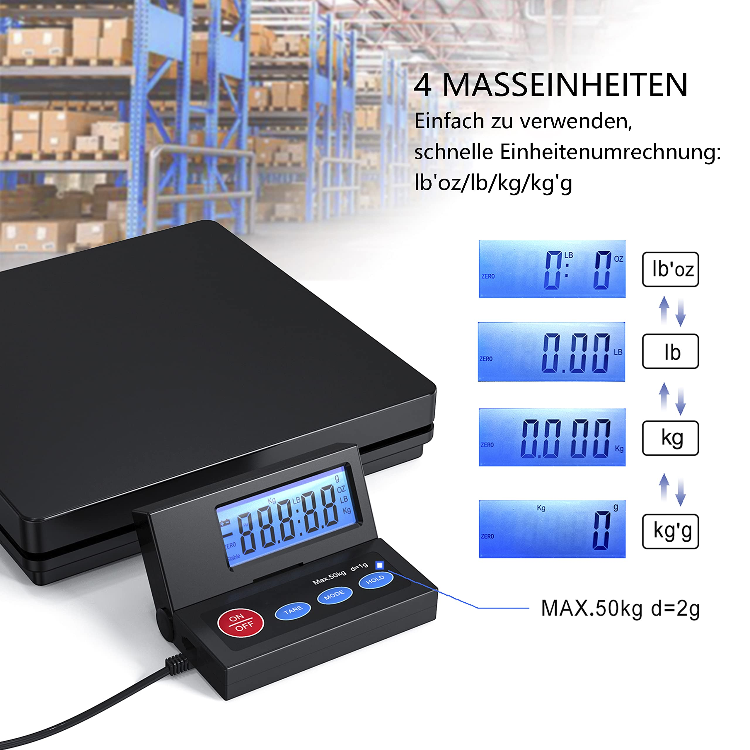 Bilancia digitale nera davanti a un magazzino, con quattro unità e una capacità massima di 50 kg.