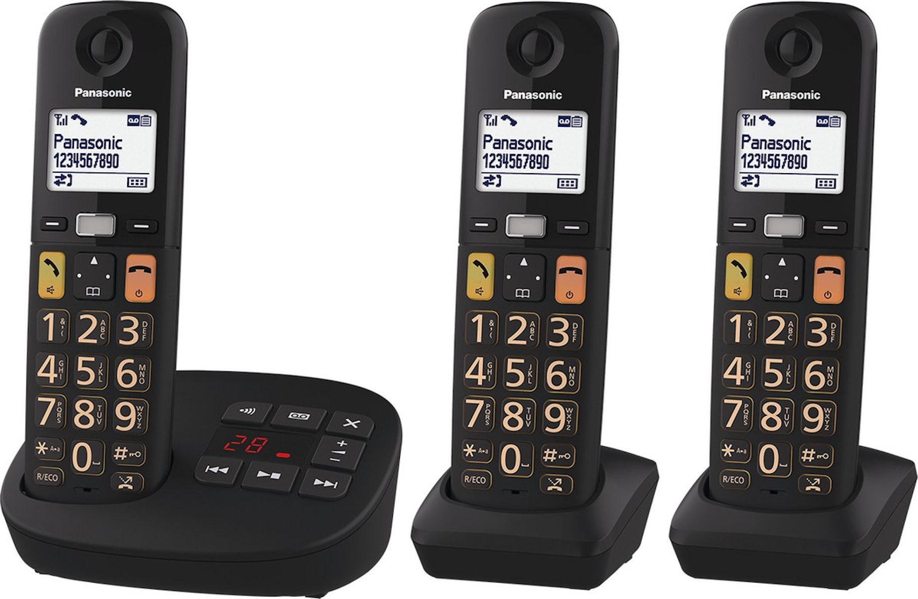 Trois téléphones sans fil Panasonic noirs avec de gros boutons et des bases de charge sur fond blanc.
