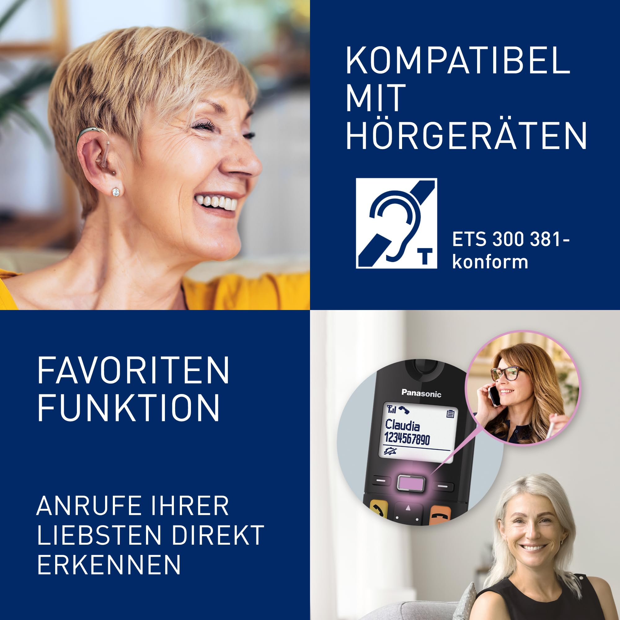Une femme blonde souriante portant un appareil auditif, à côté d'un texte et d'un téléphone Panasonic.