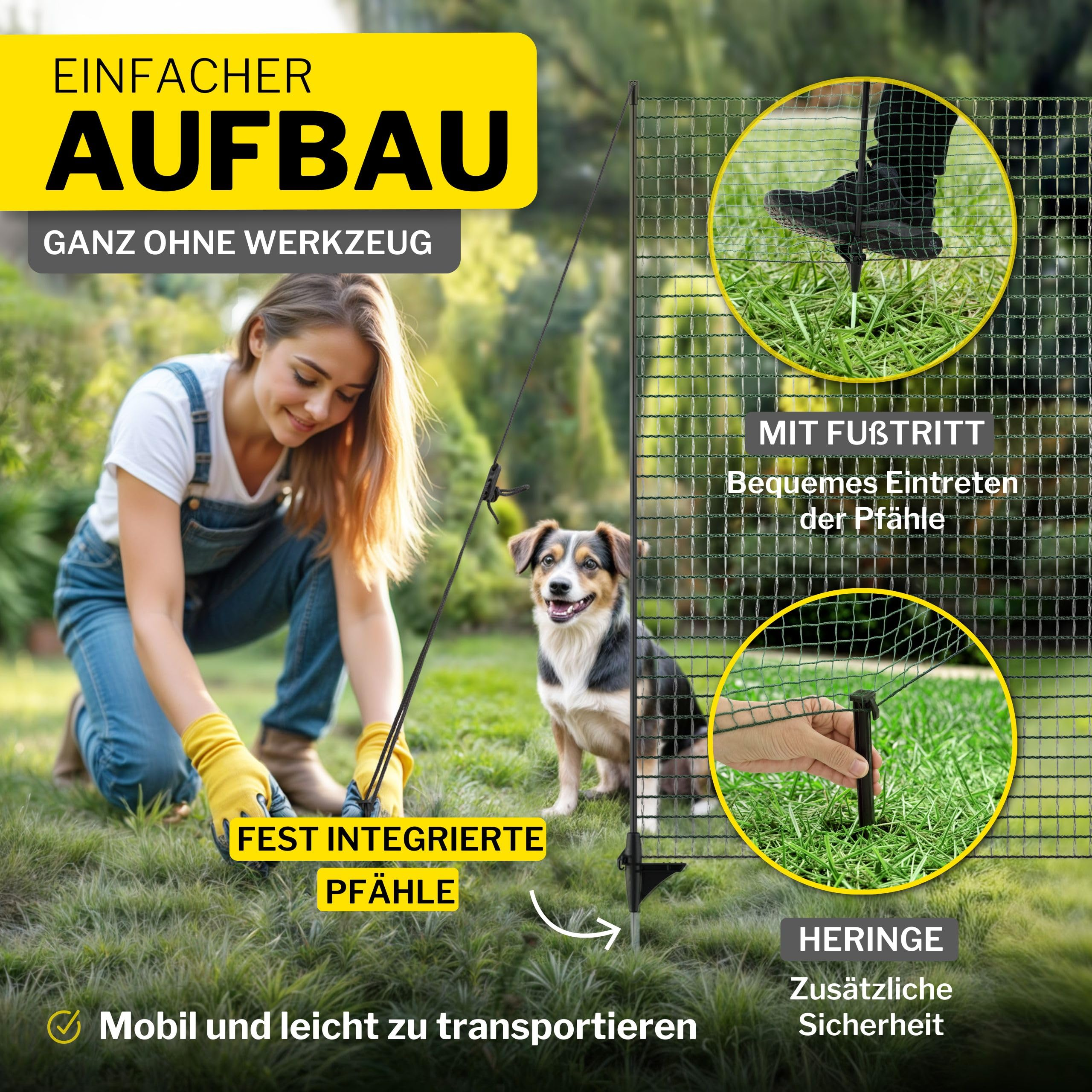 Une femme installe une clôture de jardin verte avec des poteaux intégrés, sous le regard d'un chien.