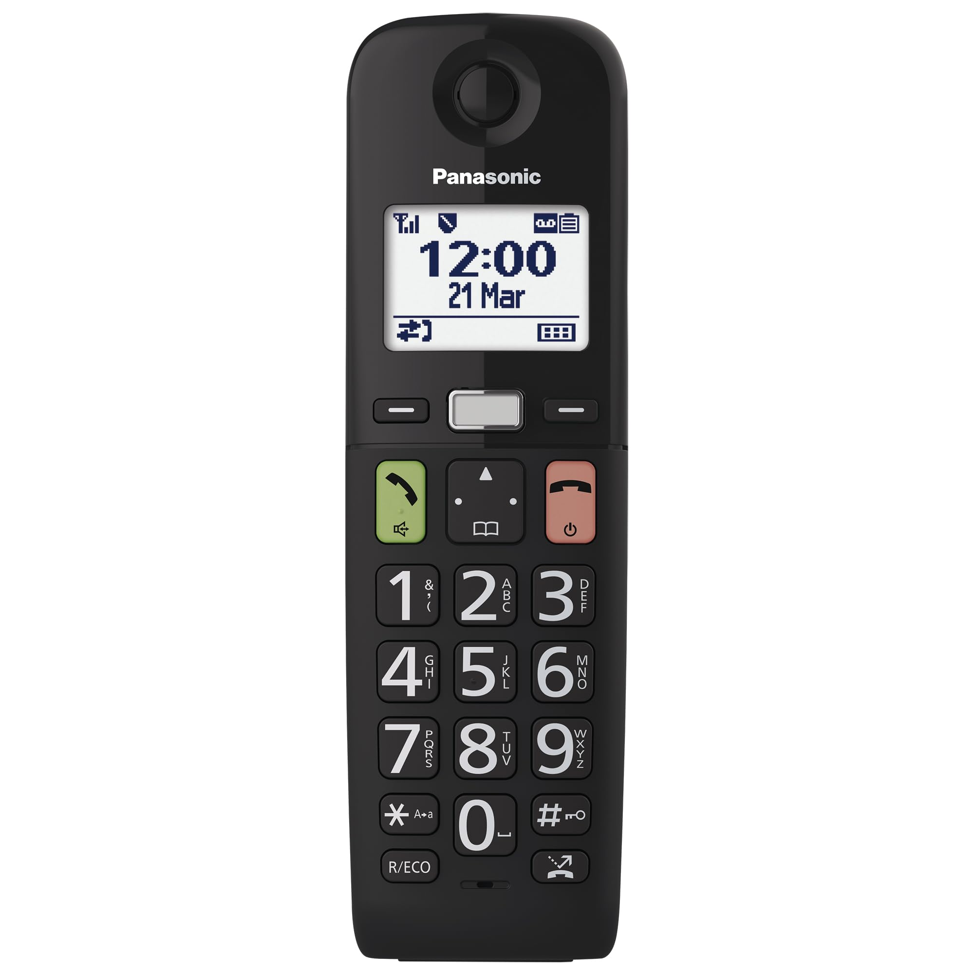 Un téléphone sans fil Panasonic noir avec grand clavier et écran numérique affichant 12h00.