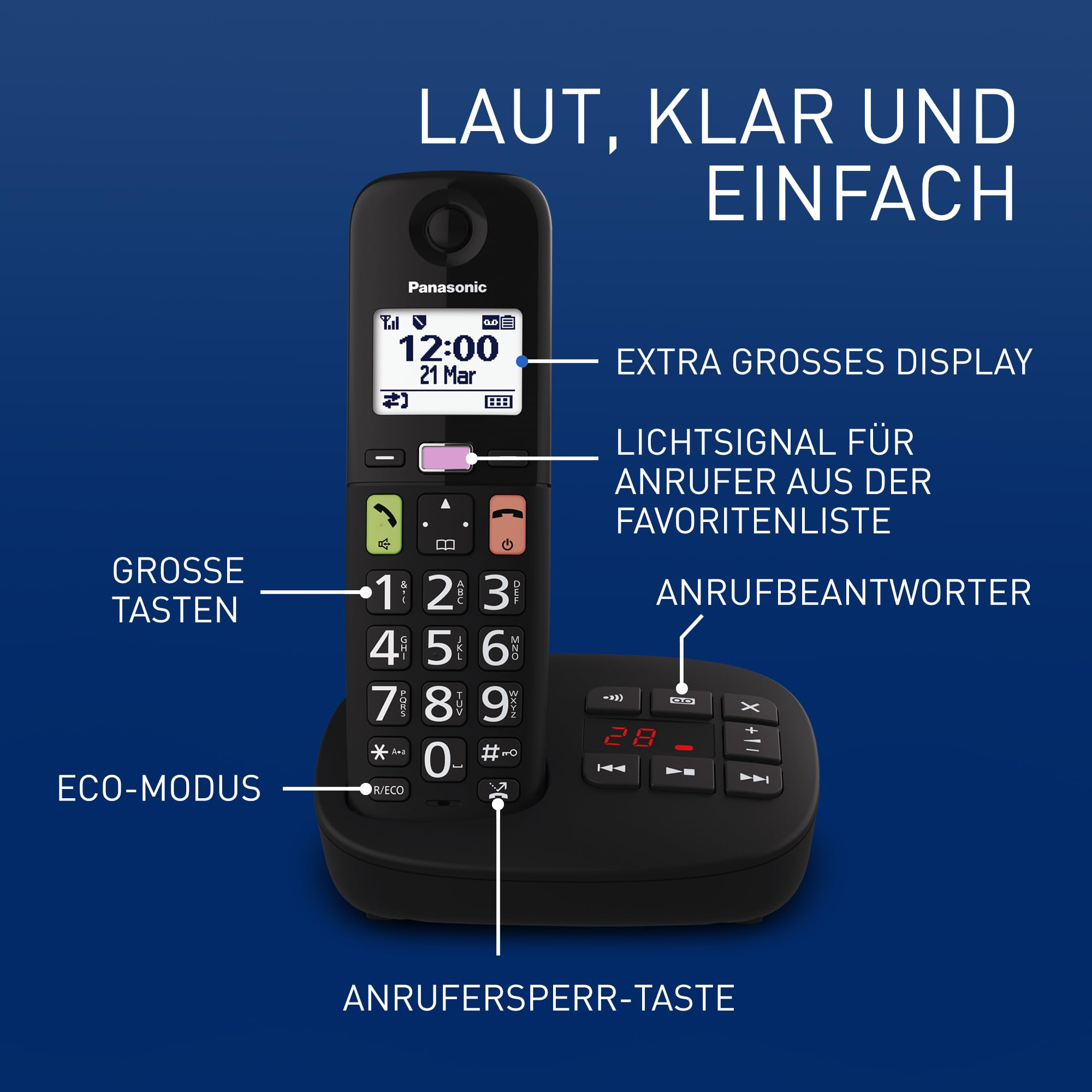 Un téléphone senior noir Panasonic avec de grands boutons sur fond bleu.