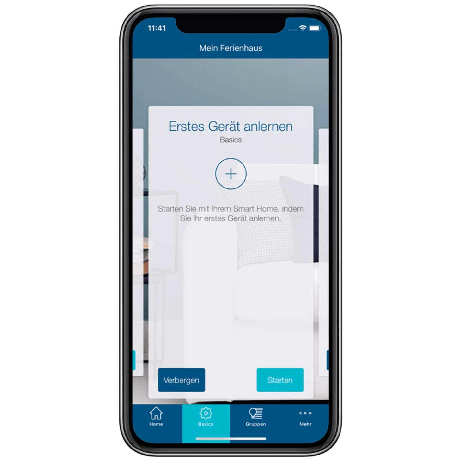 Smartphone-Bildschirm zeigt Smart-Home-App zur Einrichtung des ersten Geräts mit Start- und Verbergen-Buttons.