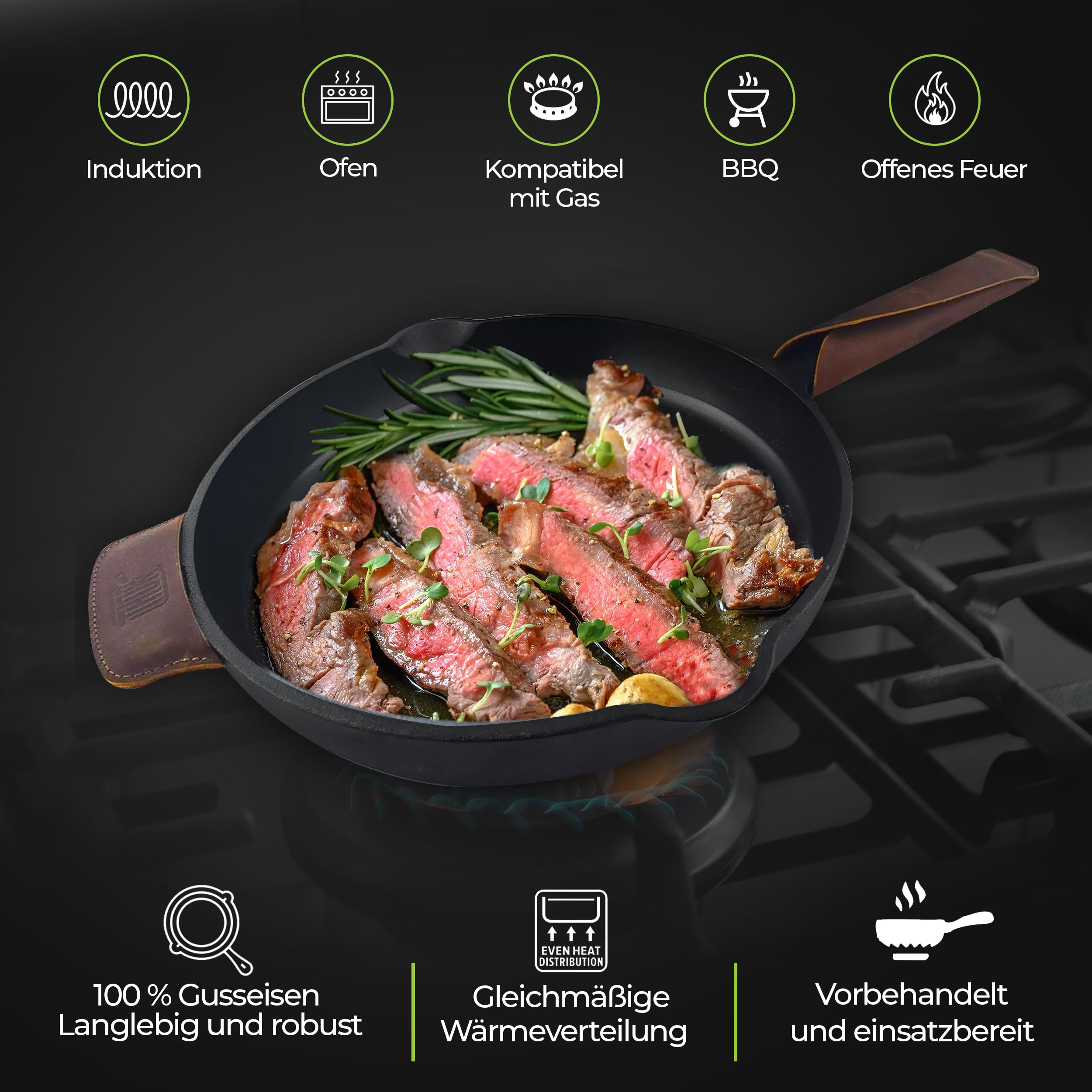 Poêle en fonte avec steak cuit, romarin et icônes de compatibilité.