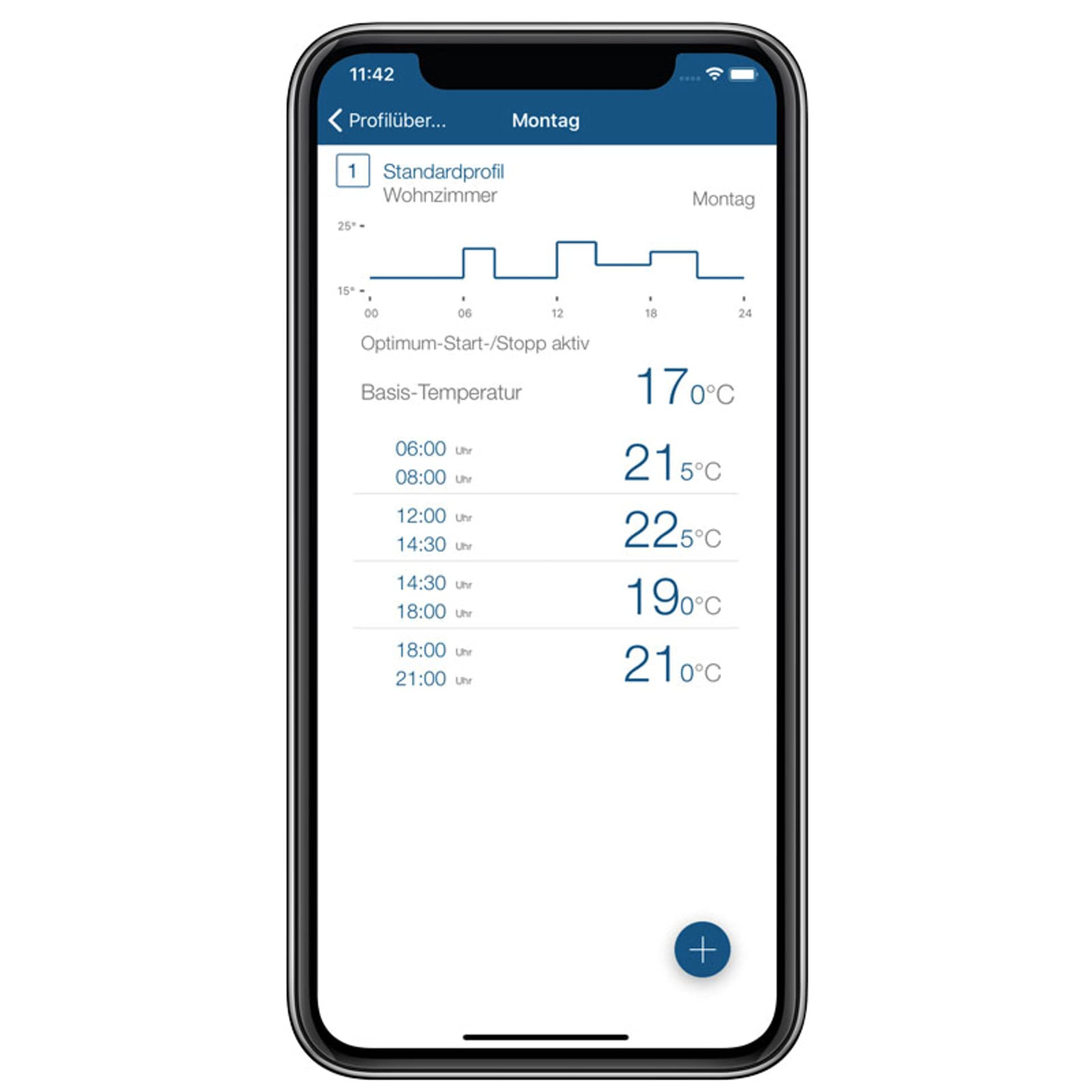 Smartphone zeigt eine Thermostat-App mit Temperaturprofilen für Montag an.
