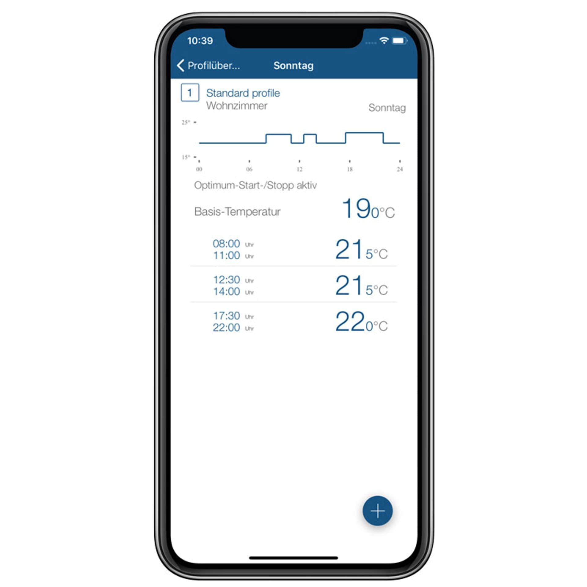Smartphone-Bildschirm zeigt eine Temperatur-App mit Zeitplänen für Sonntag und verschiedenen Temperaturwerten.