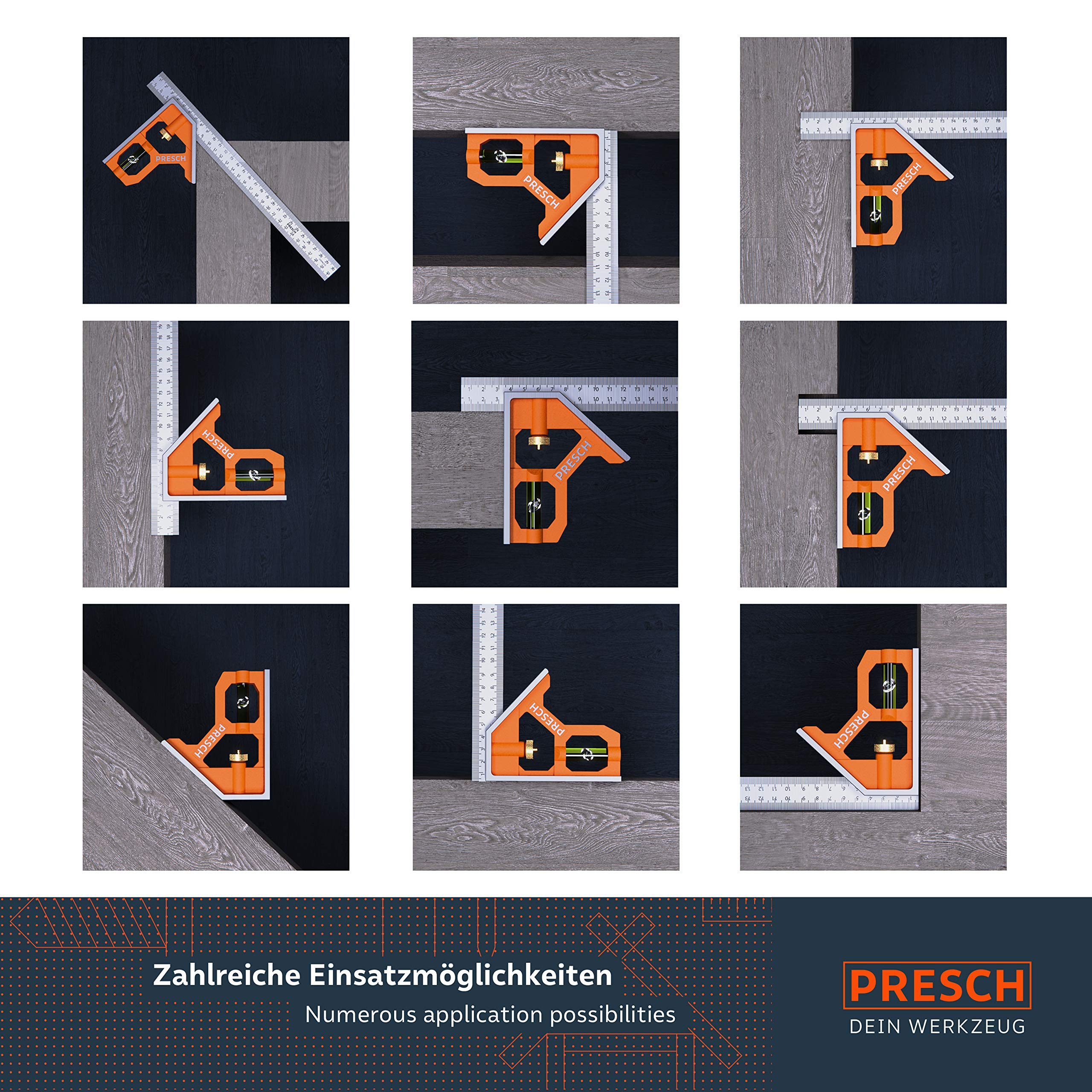 Neuf images montrent diverses applications d'une équerre combinée Presch orange sur des surfaces en bois.