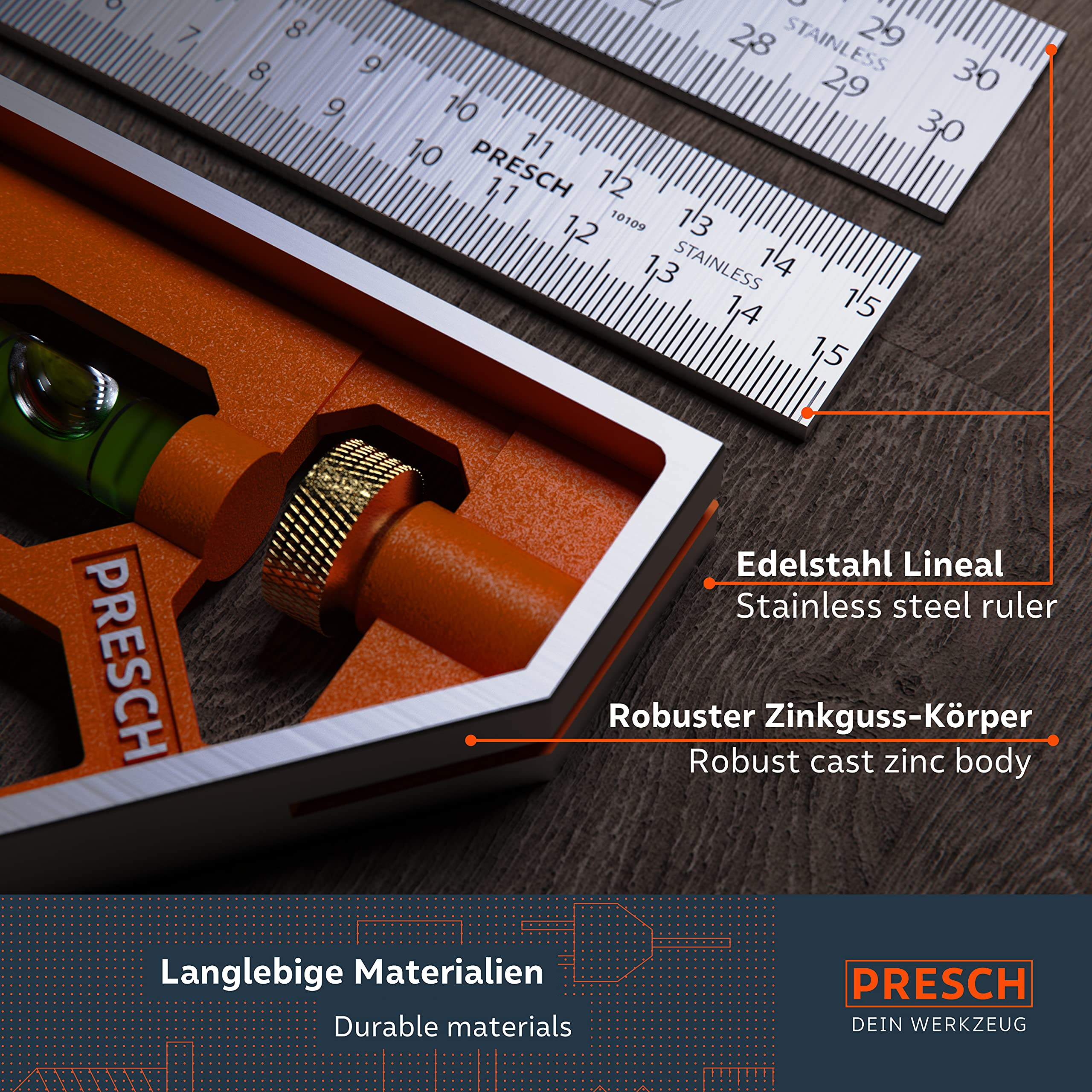 Une équerre combinée orange et argent et une règle en acier inoxydable sur fond de bois sombre, avec des étiquettes de texte.