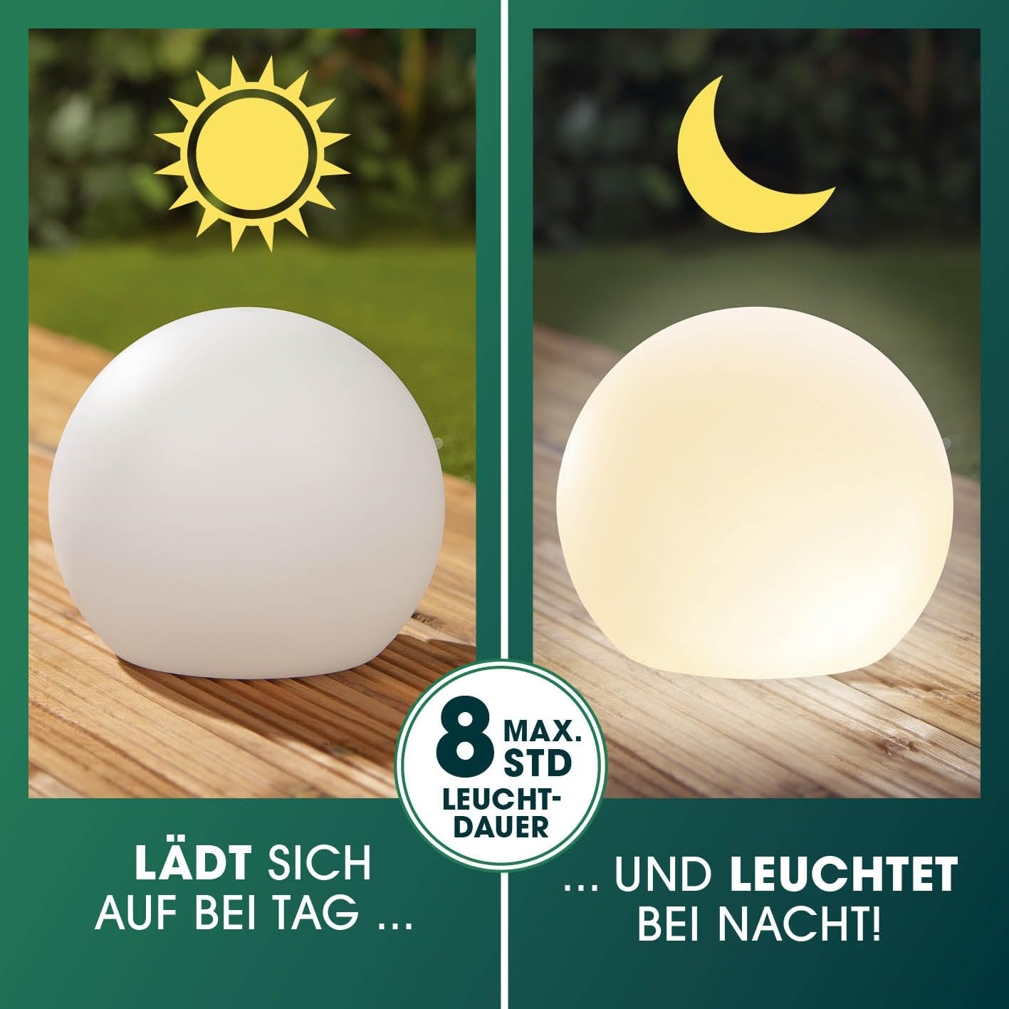 Sfera solare da giardino si ricarica di giorno e illumina fino a 8 ore.