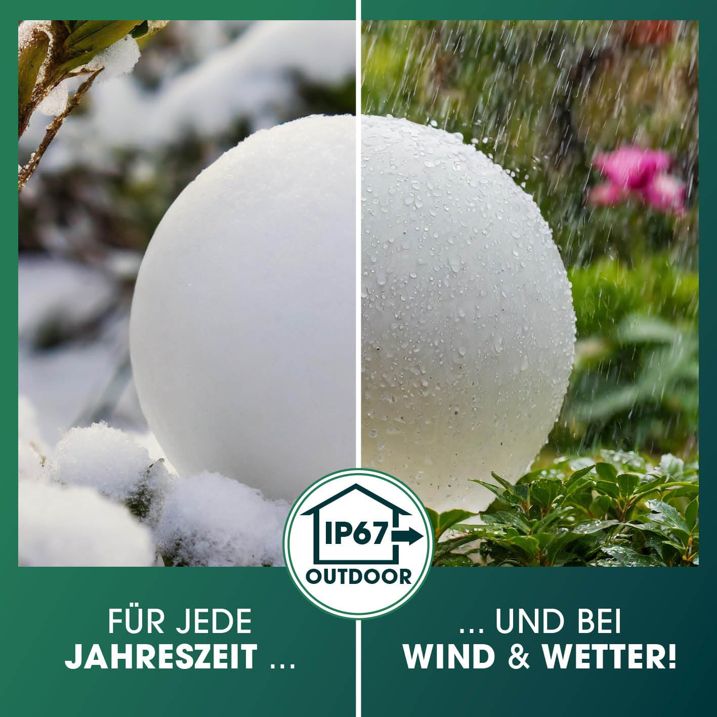 Una sfera luminosa da esterno IP67 bianca nella neve e nella pioggia con testo.