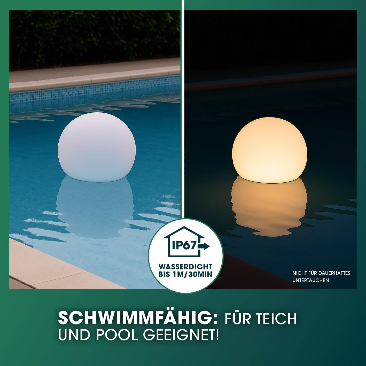 Una sfera luminosa galleggia in piscina giorno e notte. Impermeabile IP67.