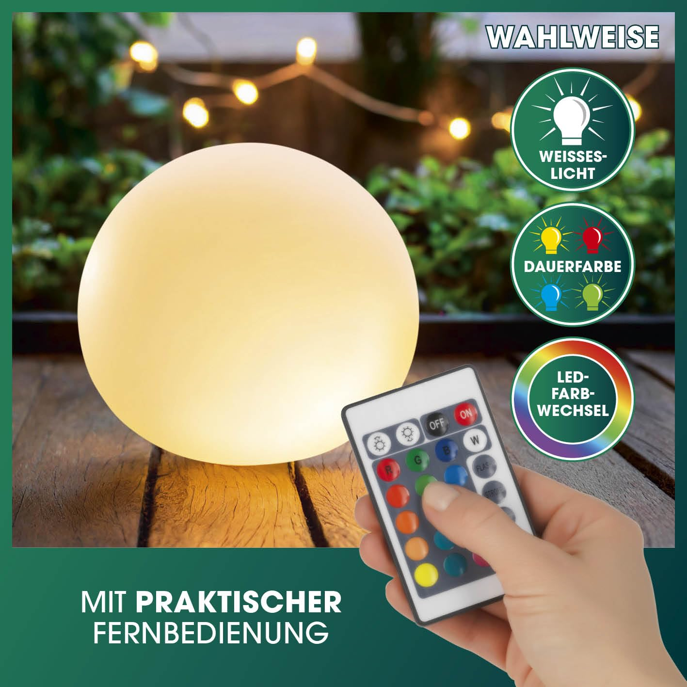 Una luce sferica luminosa su un ponte di legno con una mano che regge un telecomando.
